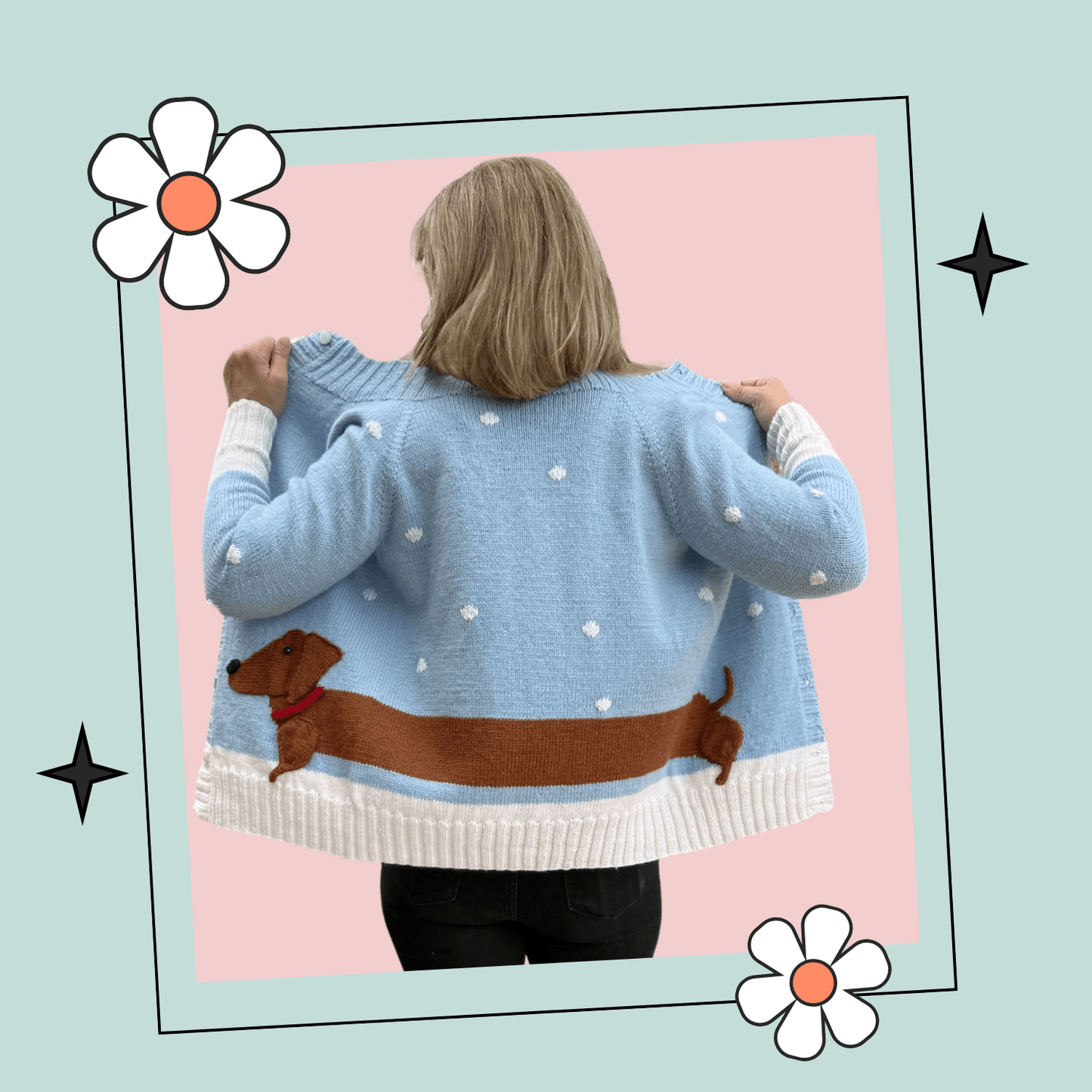 Dachshund in the Snow Cardigan, Seamless Christmas Cardigan - ADULT - Knitting Pattern - GarmentsJane Burns Designs