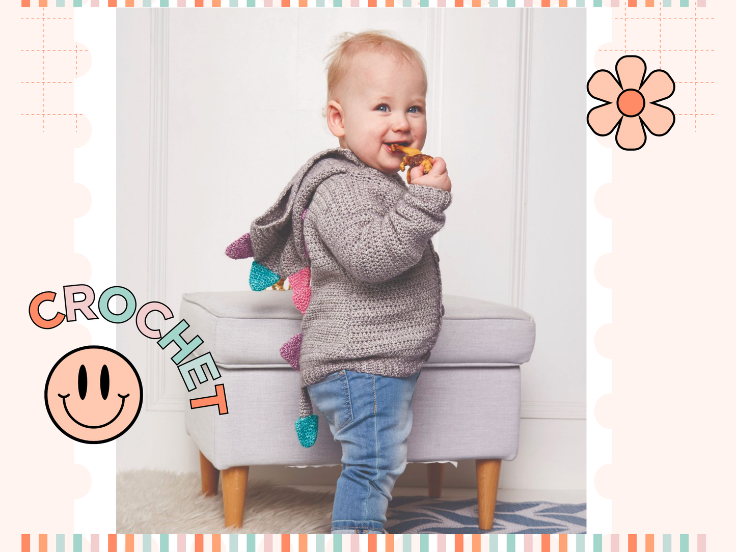 crochet pattern for baby crochet hooded cardigan with dino dinosaur spikes, hood, tail, crochet pattern, jane burns, download