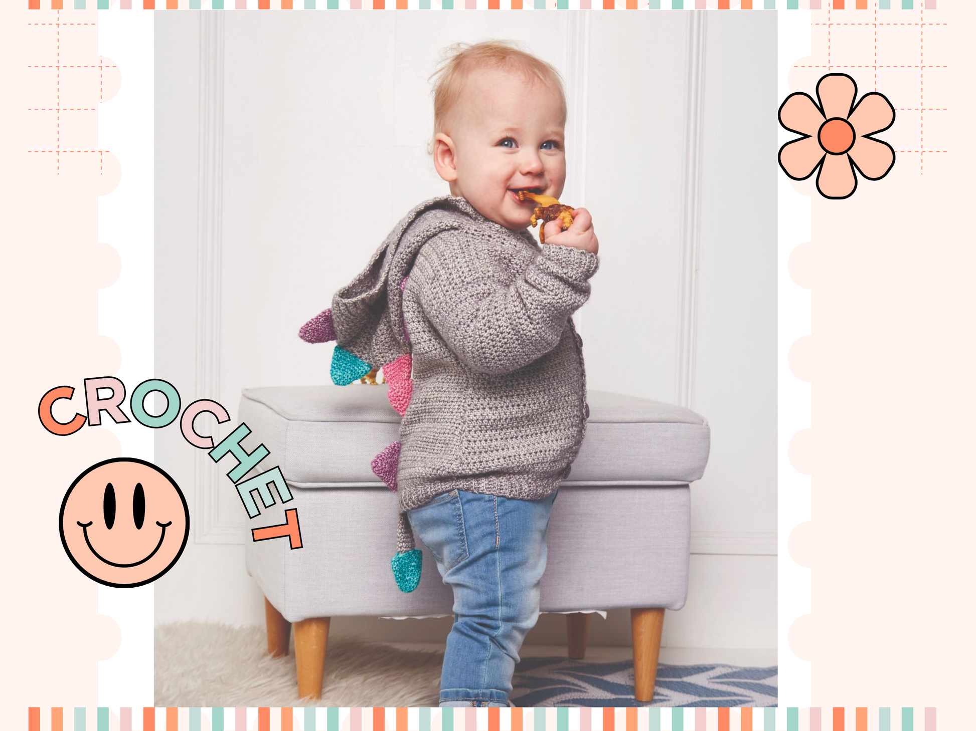 crochet pattern for baby crochet hooded cardigan with dino dinosaur spikes, hood, tail, crochet pattern, jane burns, download