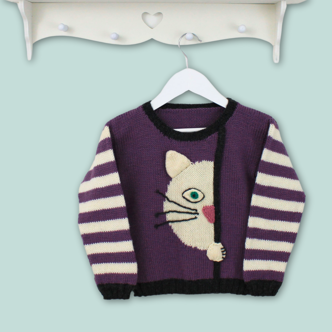 peek a boo kitty, cat jumper knitting pattern by jane burns, kids sweater knitting pattern download