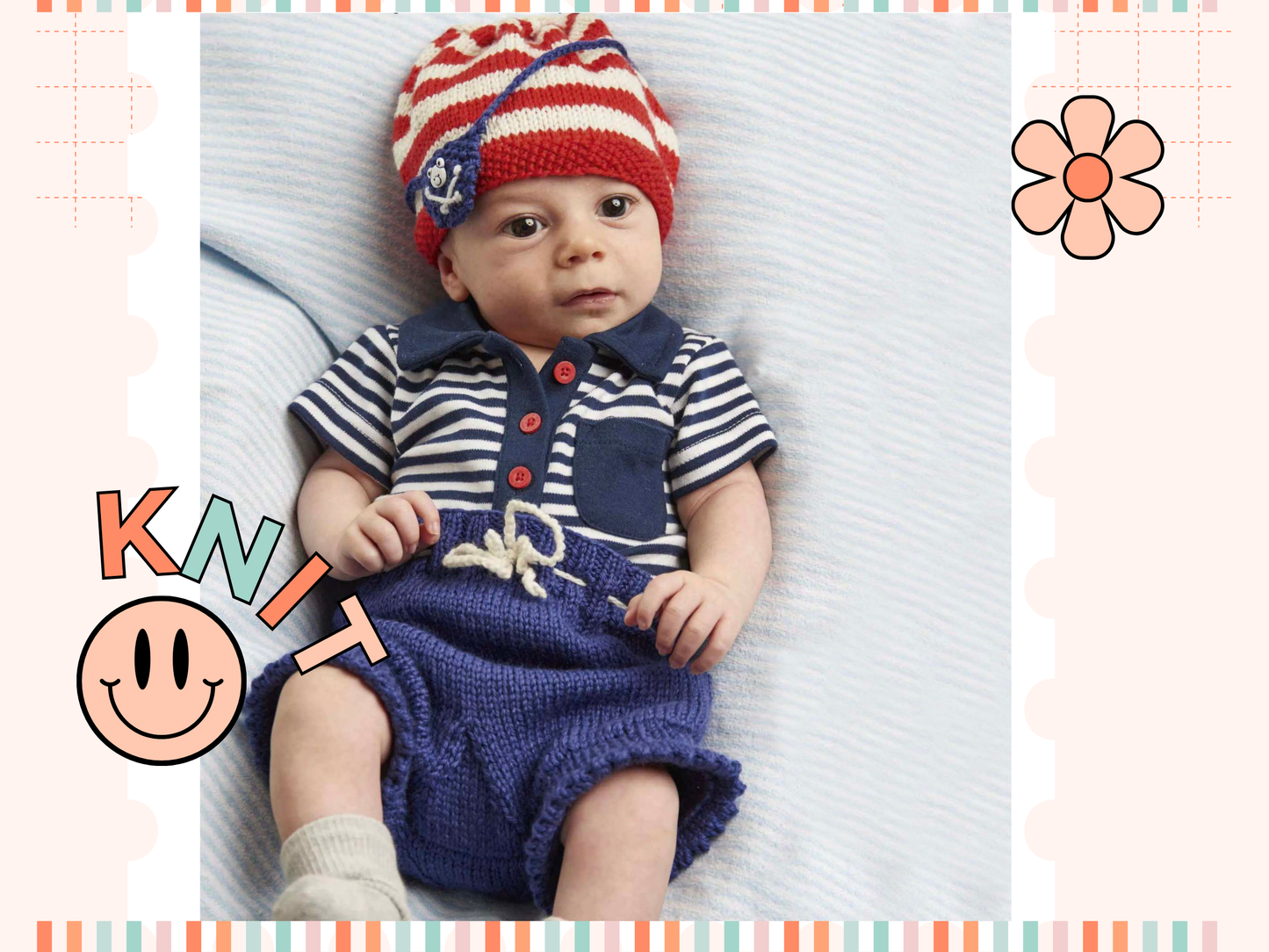 knitting pattern for baby hat and shorts set, pirate eye patch on the baby beanie hat and pirate flag motif on the baby knitted shorts, jane burns knitting pattern download