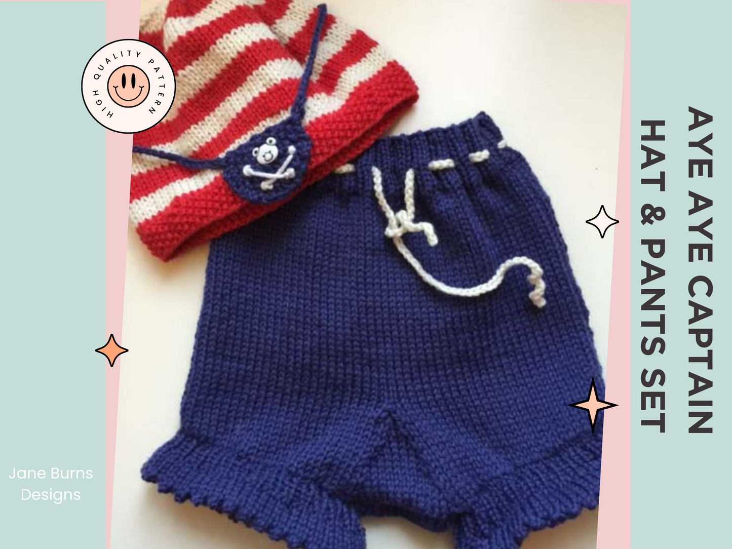 knitting pattern for baby hat and shorts set, pirate eye patch on the baby beanie hat and pirate flag motif on the baby knitted shorts, jane burns knitting pattern download
