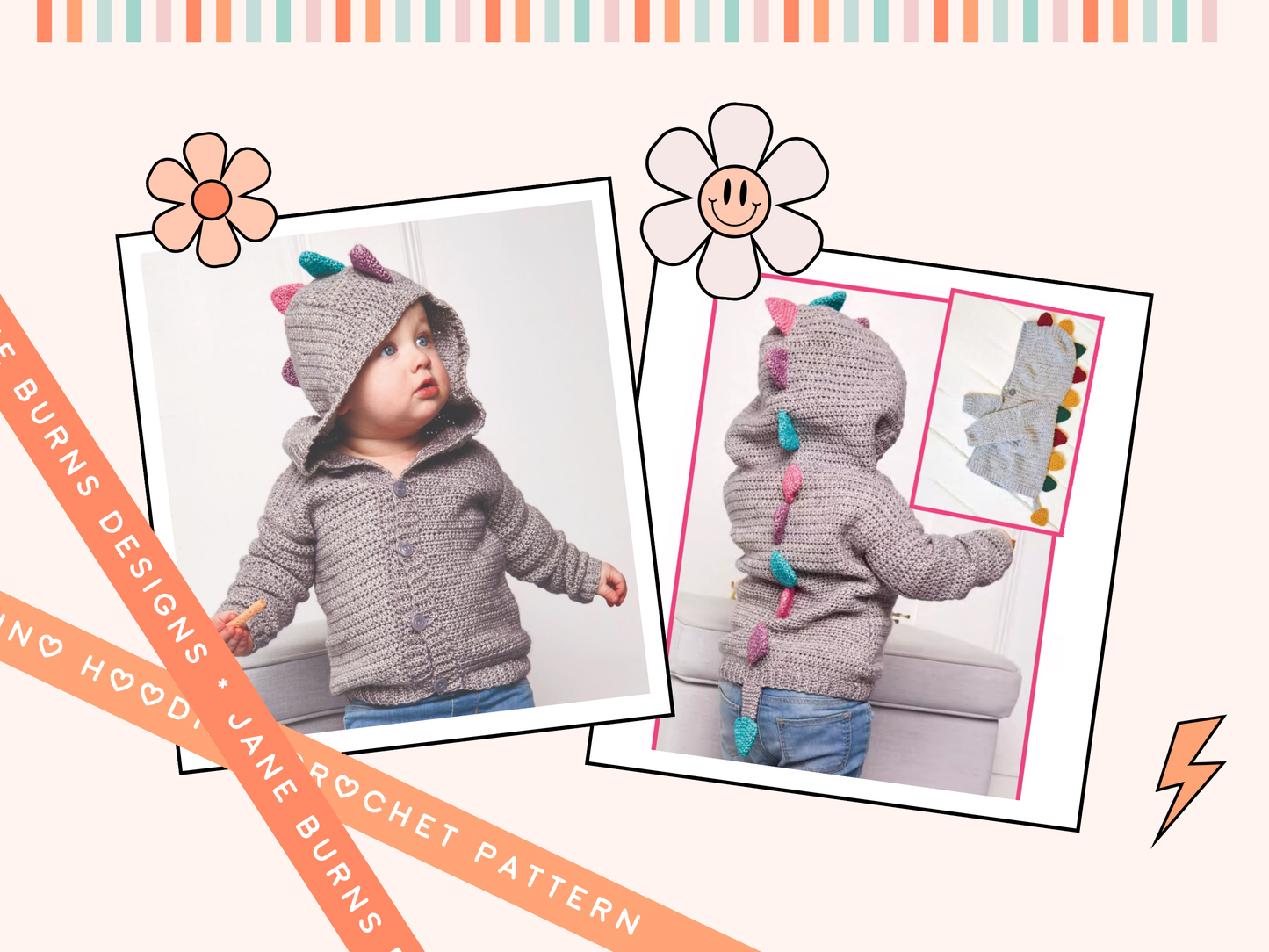 Roary Dinosaur Crochet Hooded Cardigan, Kids Dinosaur Hoodie - Crochet Pattern