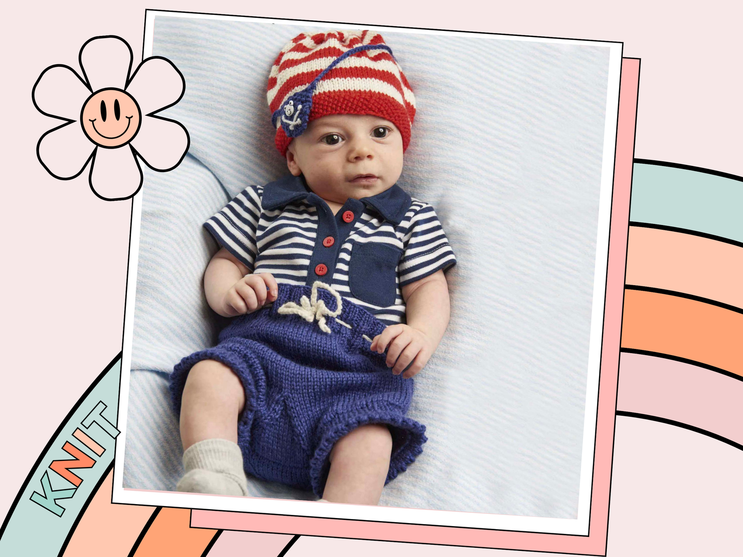knitting pattern for baby hat and shorts set, pirate eye patch on the baby beanie hat and pirate flag motif on the baby knitted shorts, jane burns knitting pattern download