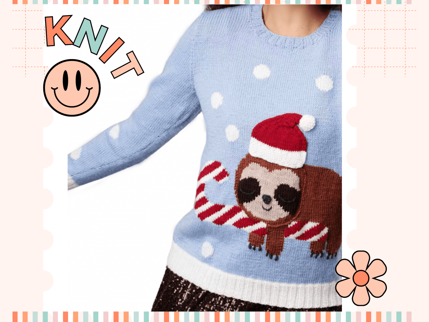 Sleepy Sloth Intarsia Christmas Sweater Knitting Pattern - Adult - GarmentsJane Burns Designs