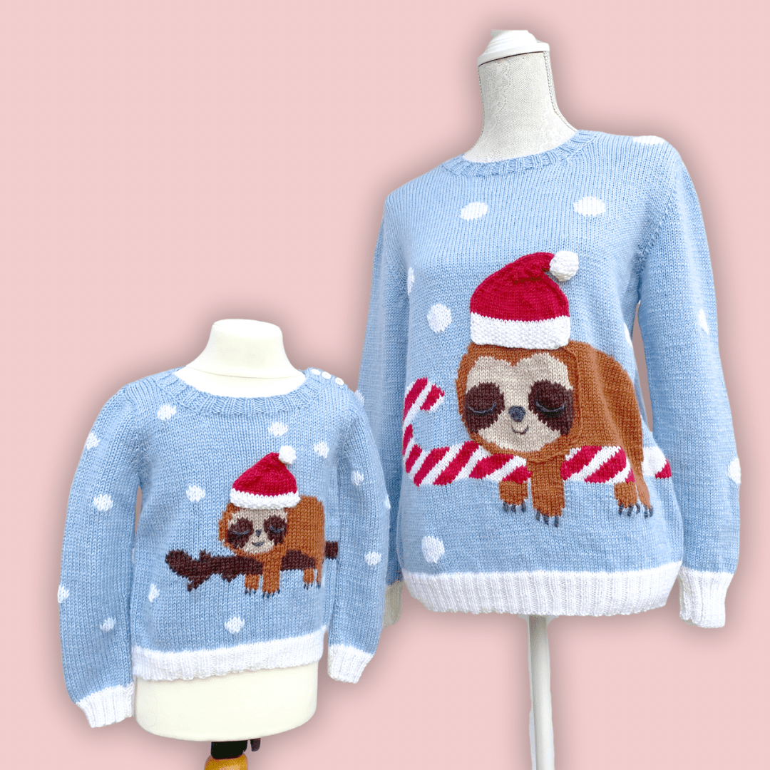 Sleepy Sloth Kids Intarsia Christmas Jumper - Knitting Pattern - GarmentsJane Burns Designs