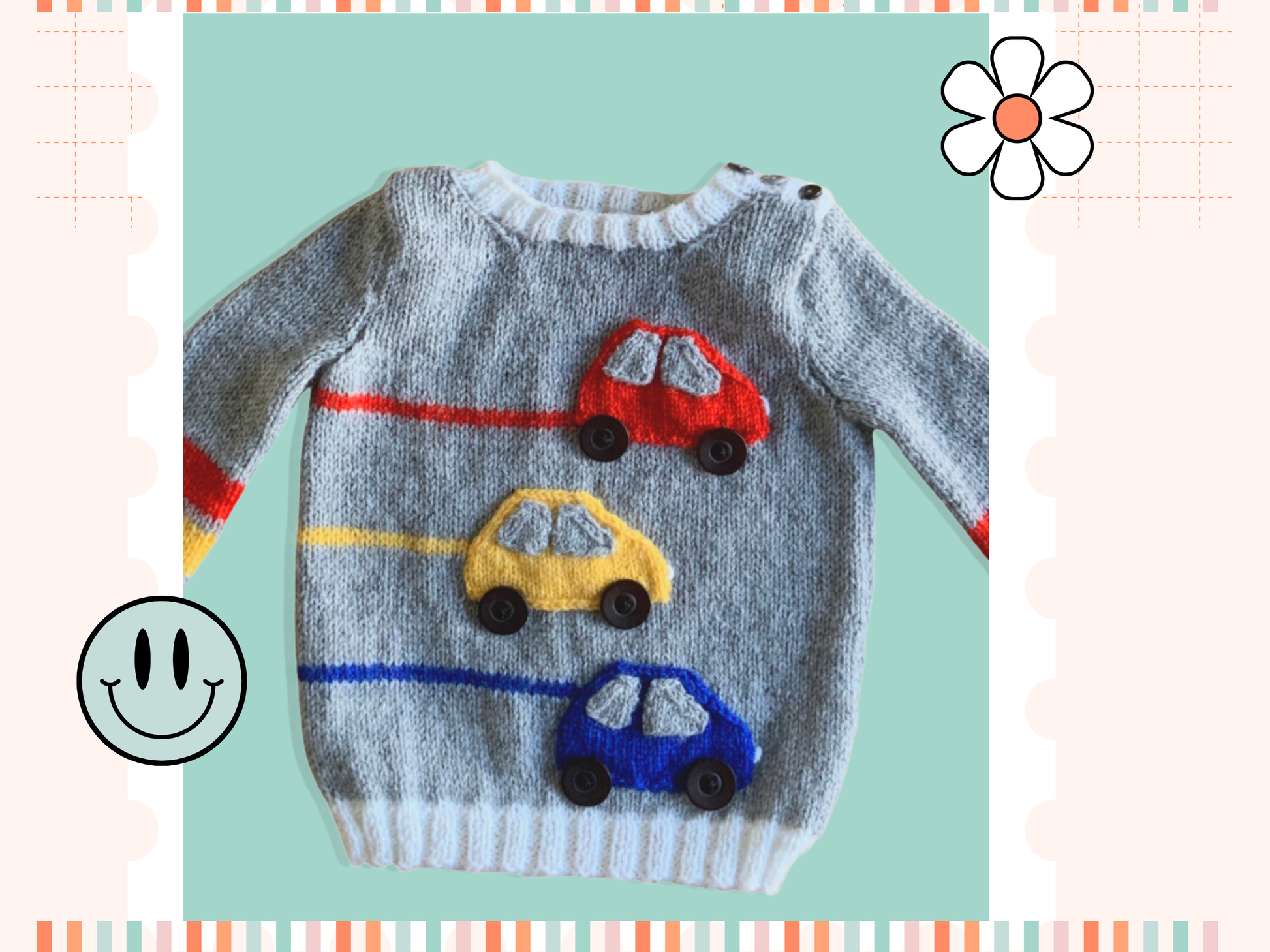 Racing car, baby sweater, car sweater for baby, knitting pattern for baby jumper with cars. Jane Burns