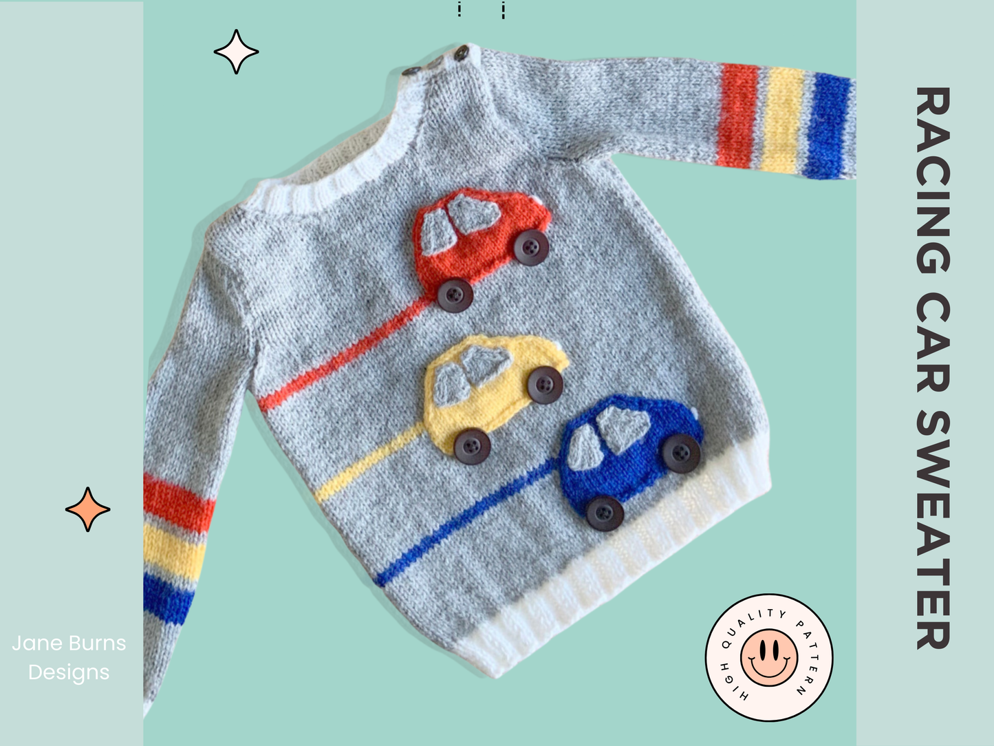 Racing car, baby sweater, car sweater for baby, knitting pattern for baby jumper with cars. Jane Burns