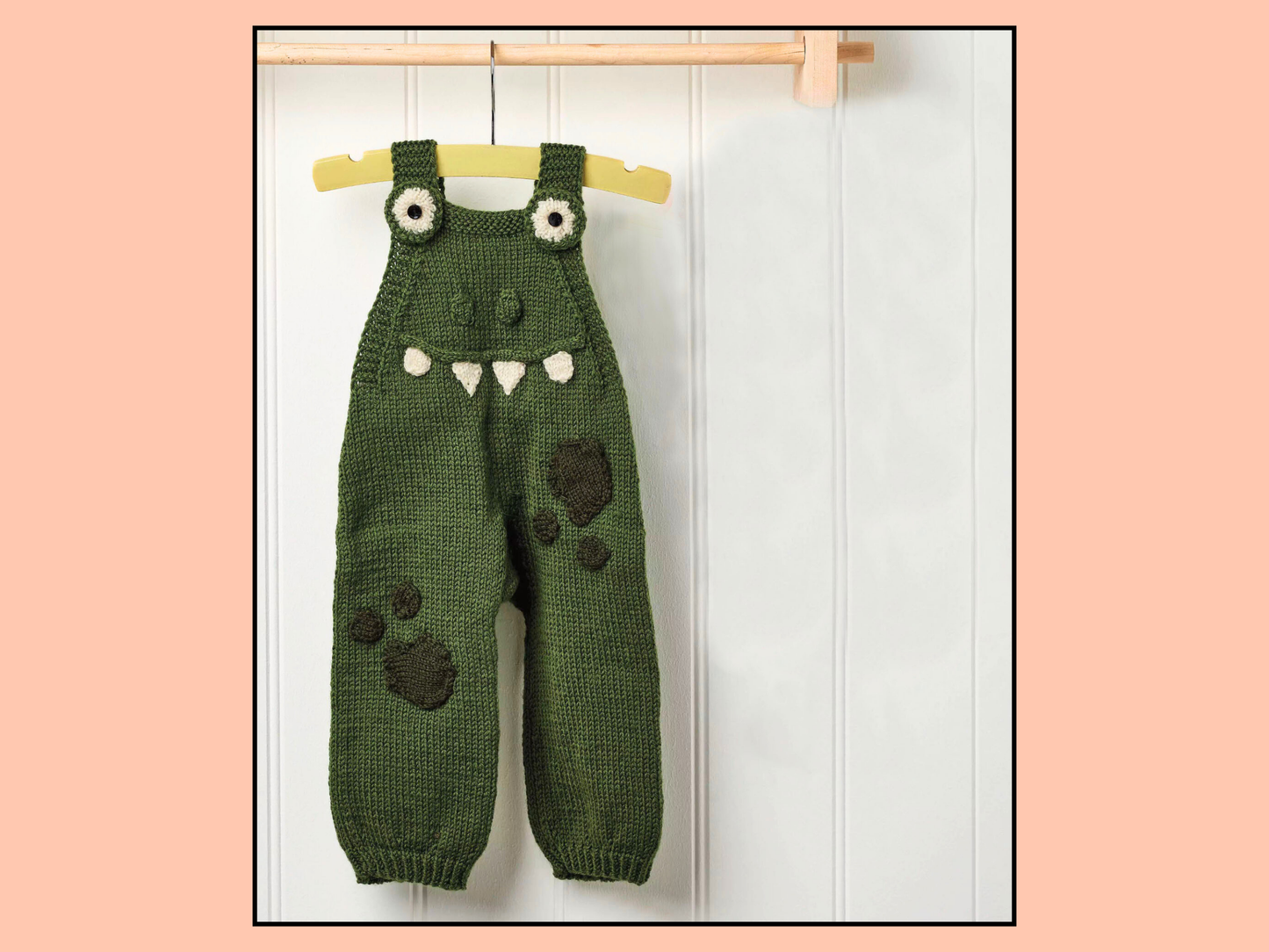 crocodile romper knitting pattern with applique eyes, teeth and patches dk knit