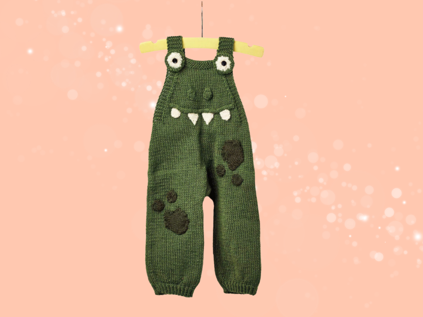 crocodile romper knitting pattern with applique eyes, teeth and patches dk knit