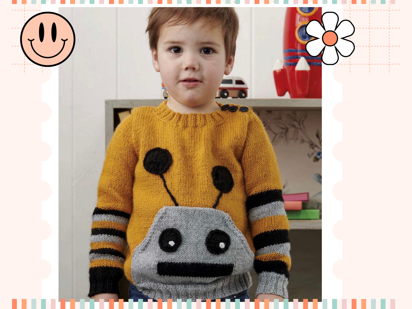 Simple hooded baby cardigan with large frog eyes on the hood. Easy construction, green hoodie knitting pattern jane burns