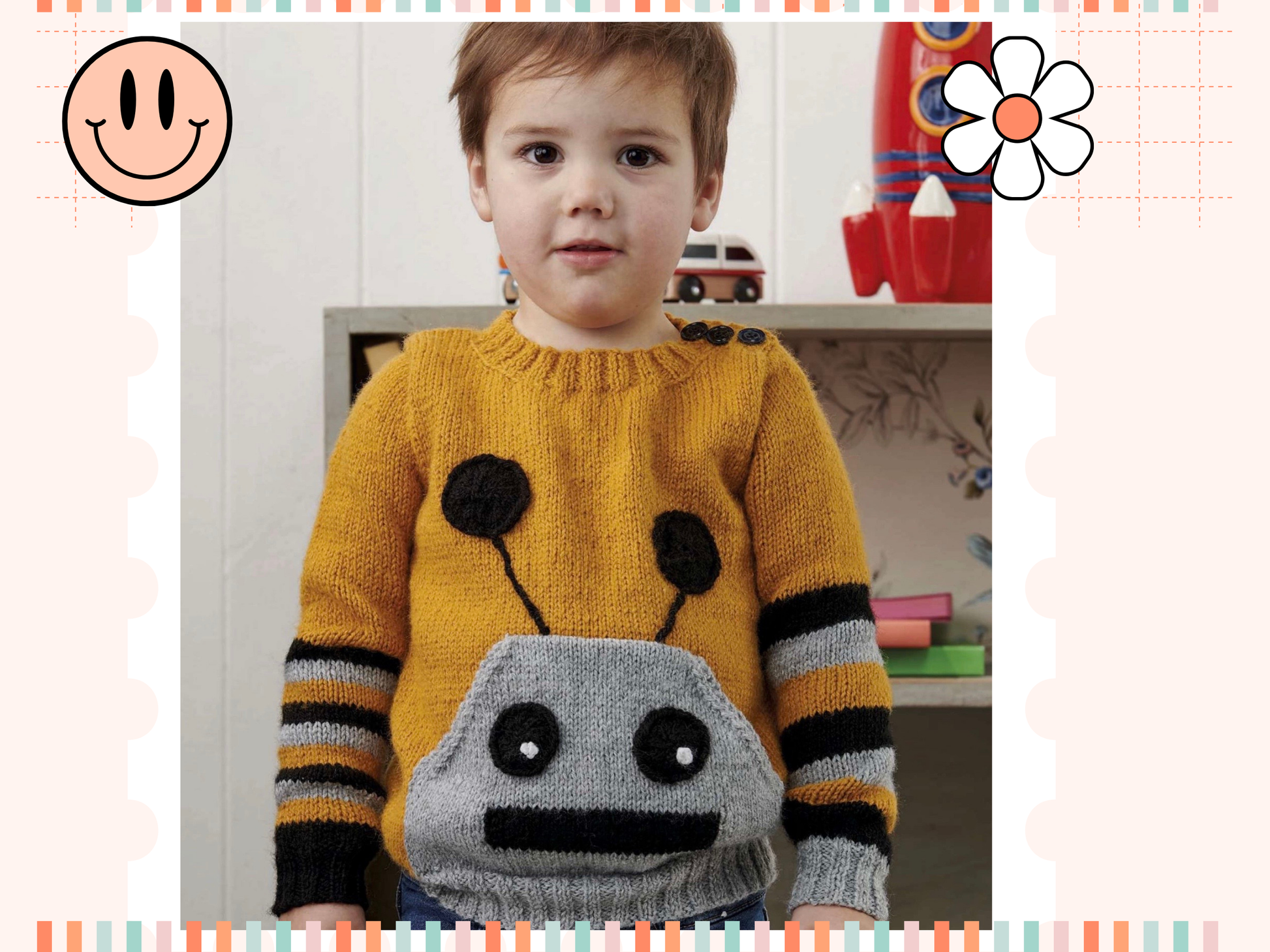 Simple hooded baby cardigan with large frog eyes on the hood. Easy construction, green hoodie knitting pattern jane burns