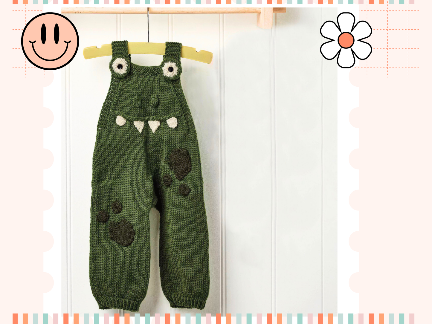 crocodile romper knitting pattern with applique eyes, teeth and patches dk knit