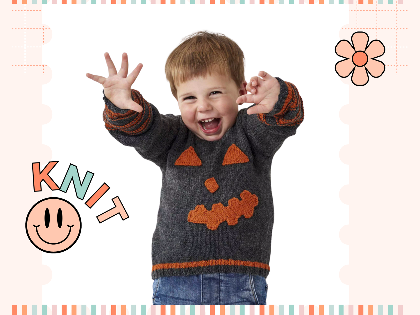 knitting pattern for kids jumper, childs halloween sweater with pumpkin eyes, nose and mouth on the front. Easy kids jumper knitting pattern by jane burns