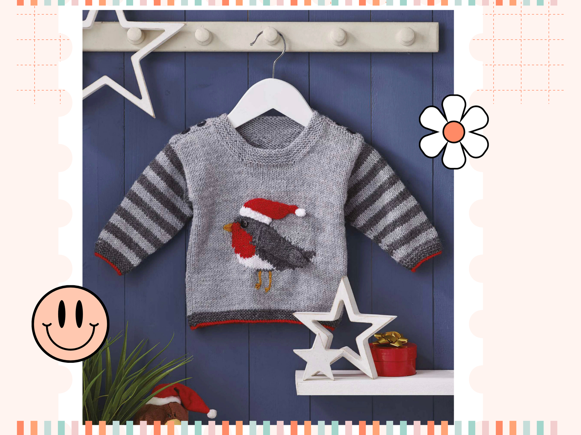 Rocking robin baby sweater knitting pattern, grey striped sleeves, with an intarsia robin on the front, the wing and hat are knitted and sewn on. The Hat can be removed after Christmas. DK yarn, designed by Jane Burns