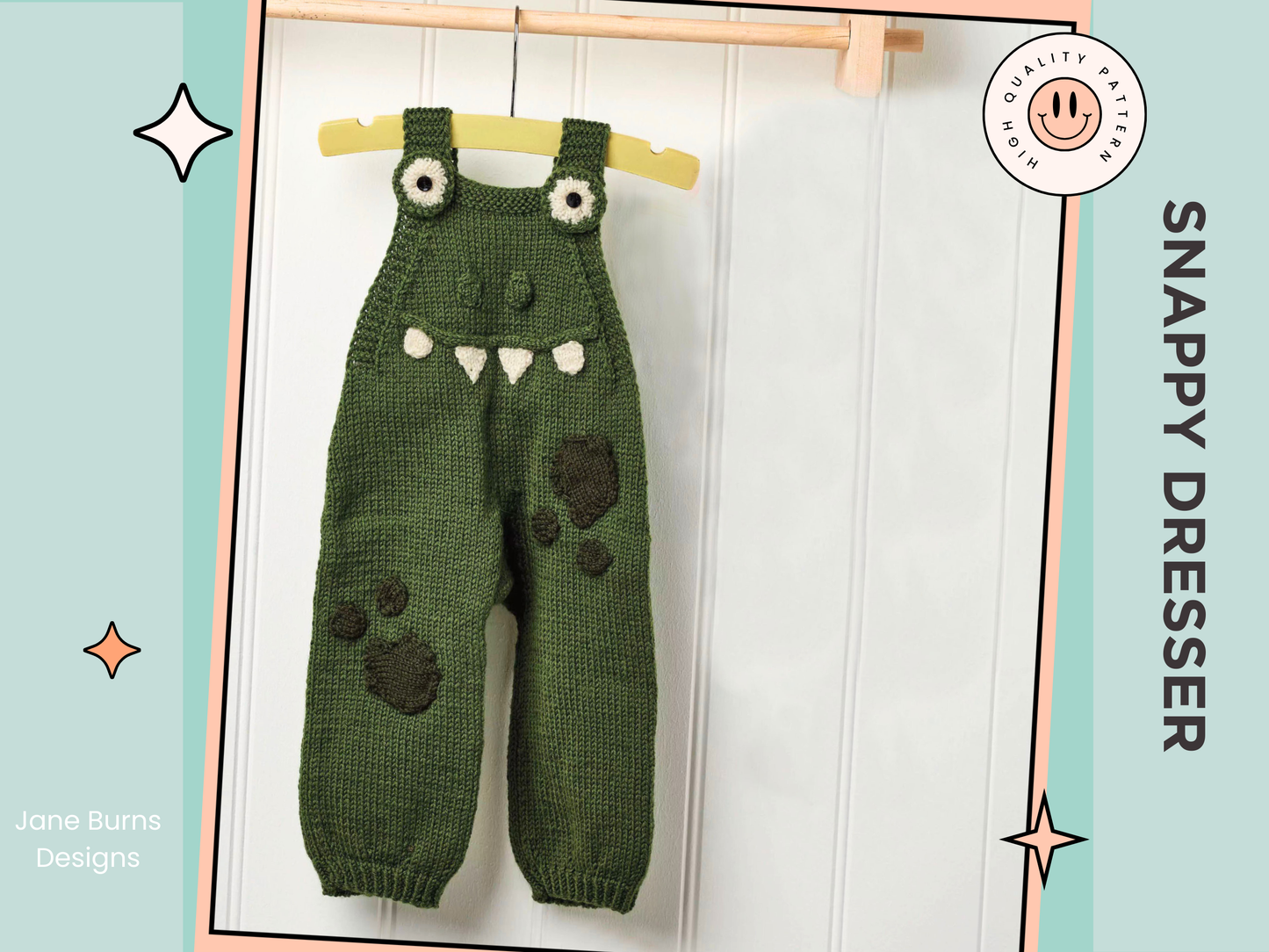crocodile romper knitting pattern with applique eyes, teeth and patches dk knit
