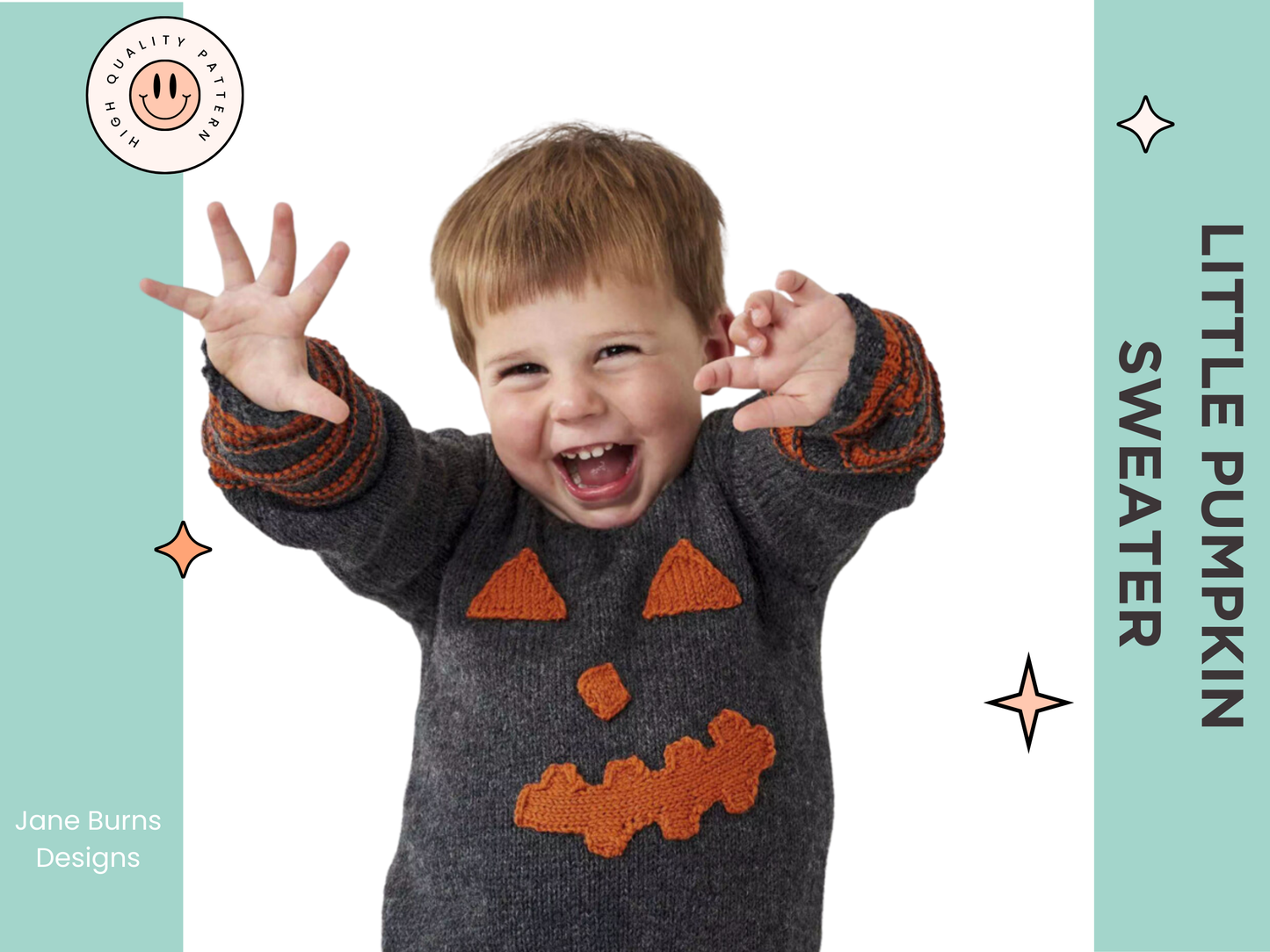 knitting pattern for kids jumper, childs halloween sweater with pumpkin eyes, nose and mouth on the front. Easy kids jumper knitting pattern by jane burns