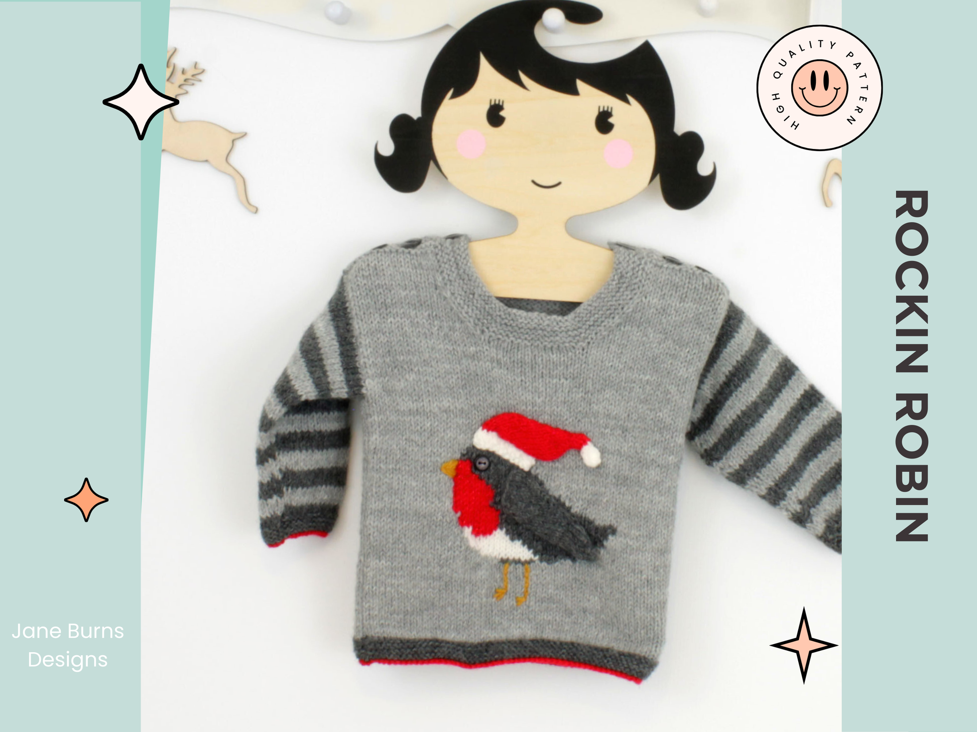 Rocking robin baby sweater knitting pattern, grey striped sleeves, with an intarsia robin on the front, the wing and hat are knitted and sewn on. The Hat can be removed after Christmas. DK yarn, designed by Jane Burns