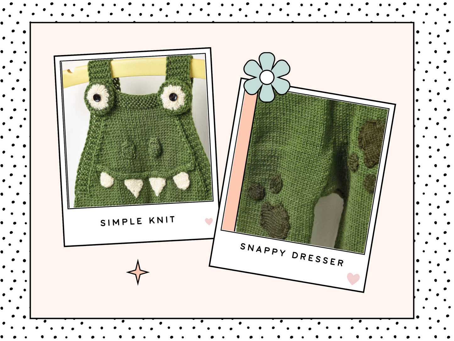 crocodile romper knitting pattern with applique eyes, teeth and patches dk knit