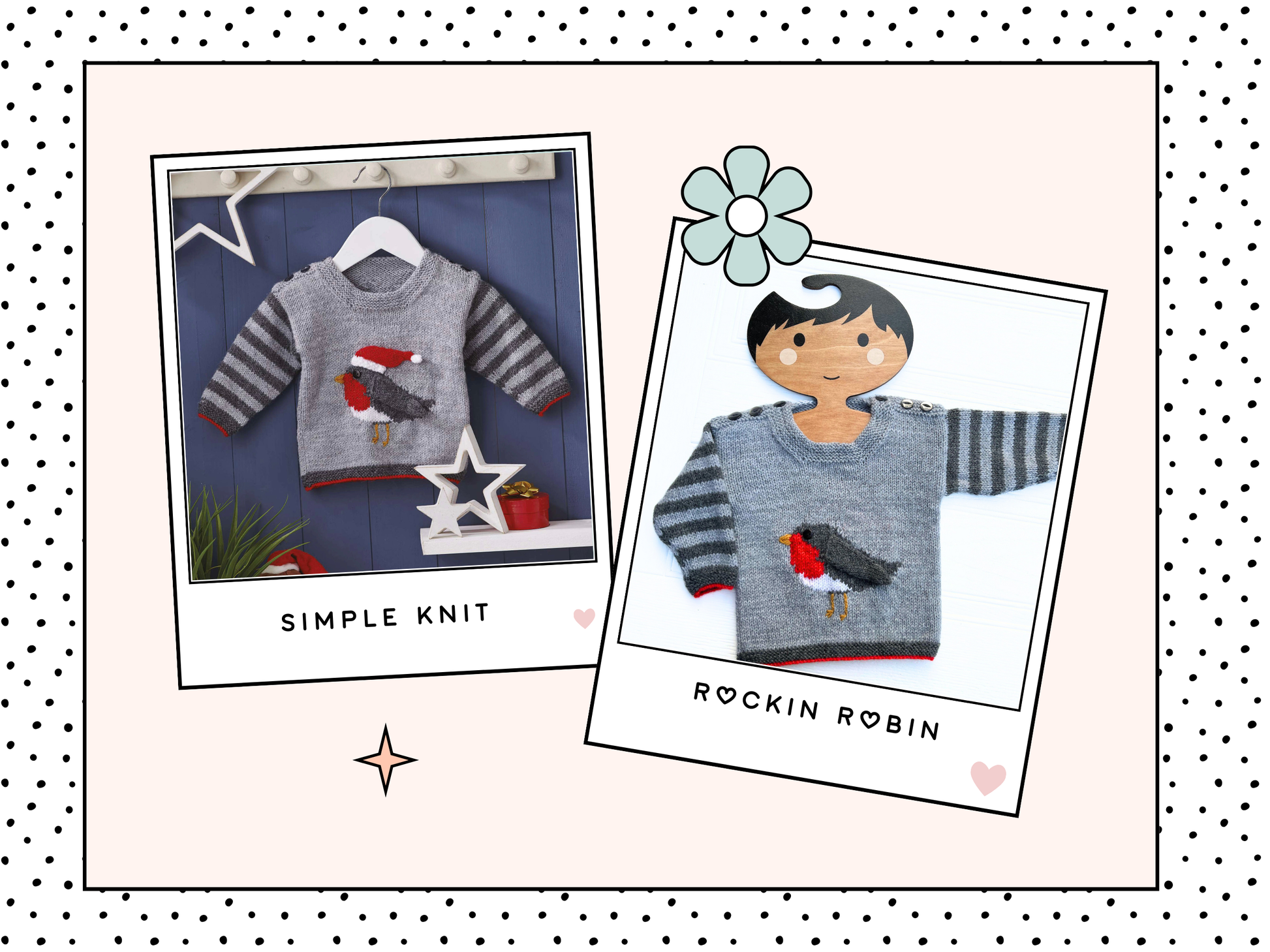 Rocking robin baby sweater knitting pattern, grey striped sleeves, with an intarsia robin on the front, the wing and hat are knitted and sewn on. The Hat can be removed after Christmas. DK yarn, designed by Jane Burns