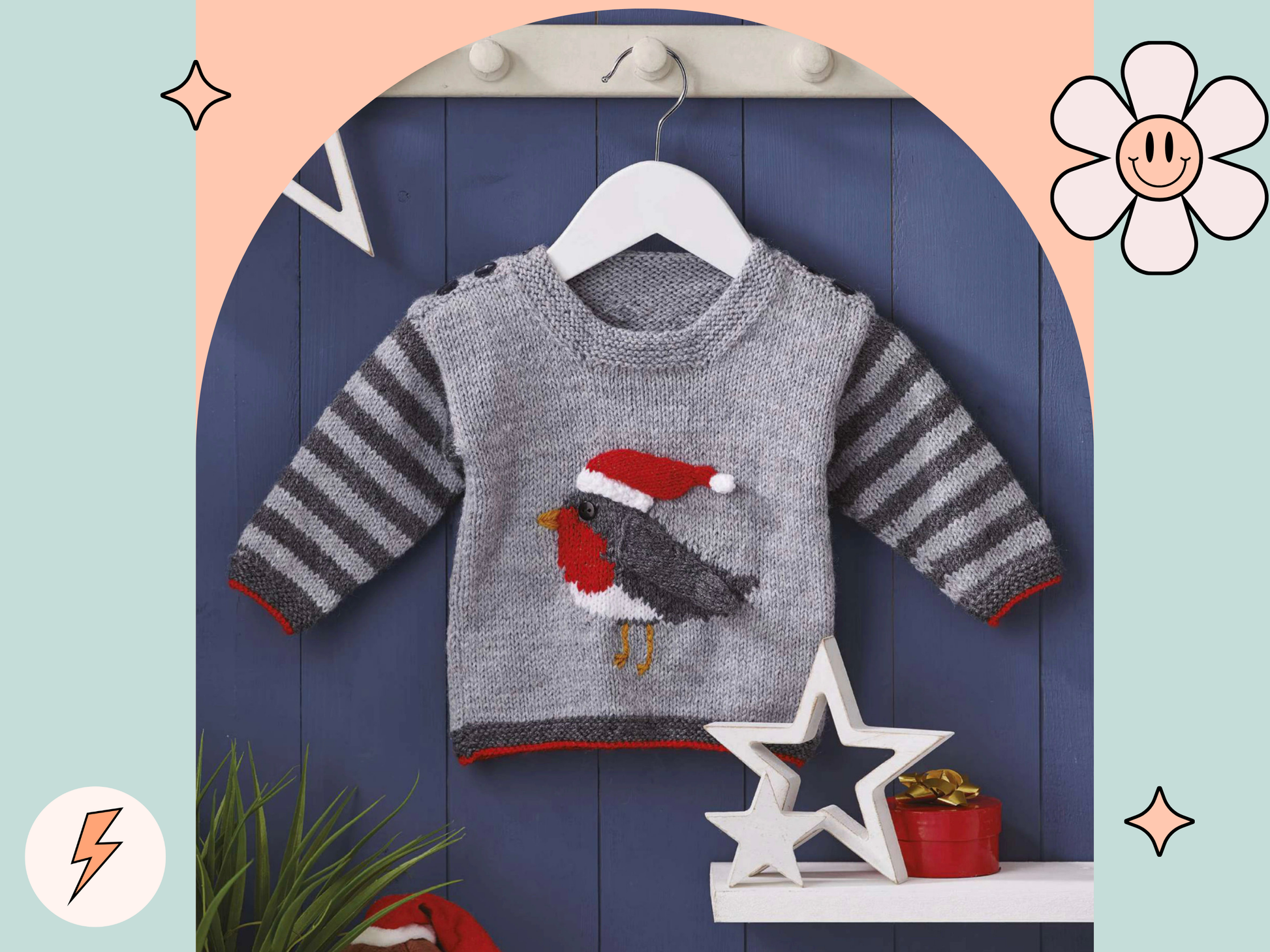 Rocking robin baby sweater knitting pattern, grey striped sleeves, with an intarsia robin on the front, the wing and hat are knitted and sewn on. The Hat can be removed after Christmas. DK yarn, designed by Jane Burns