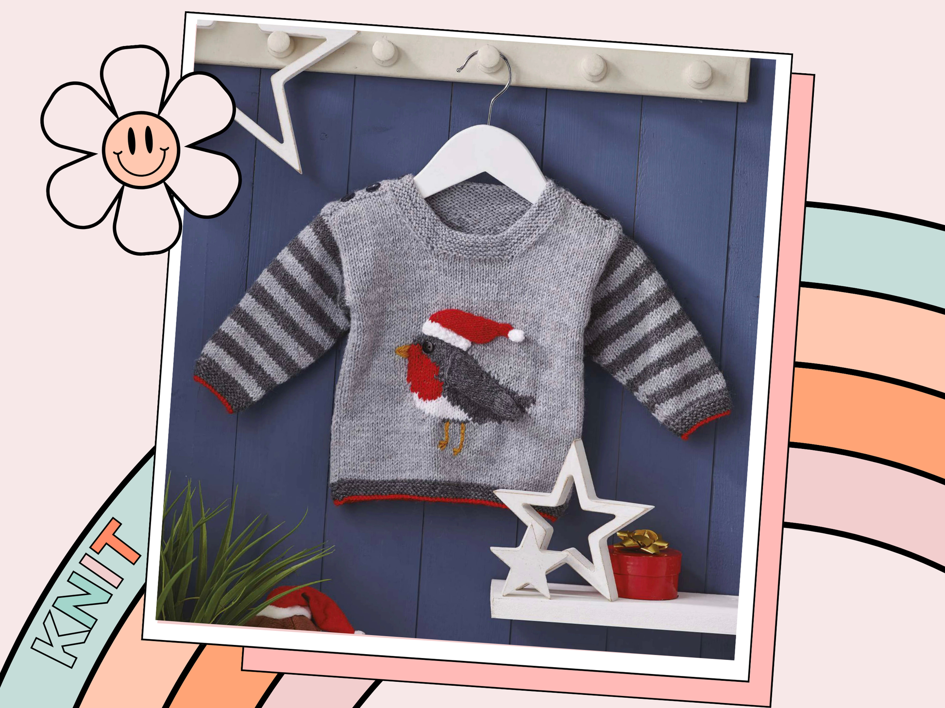 Rocking robin baby sweater knitting pattern, grey striped sleeves, with an intarsia robin on the front, the wing and hat are knitted and sewn on. The Hat can be removed after Christmas. DK yarn, designed by Jane Burns