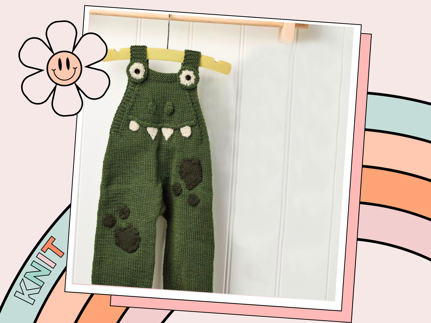 crocodile romper knitting pattern with applique eyes, teeth and patches dk knit