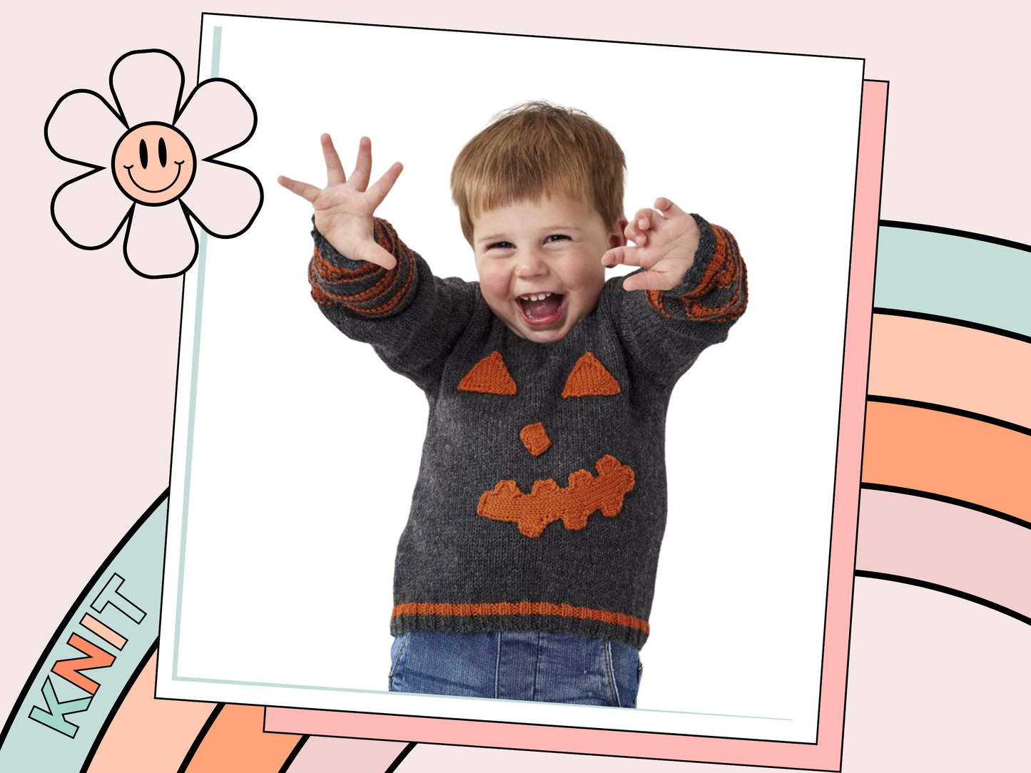knitting pattern for kids jumper, childs halloween sweater with pumpkin eyes, nose and mouth on the front. Easy kids jumper knitting pattern by jane burns