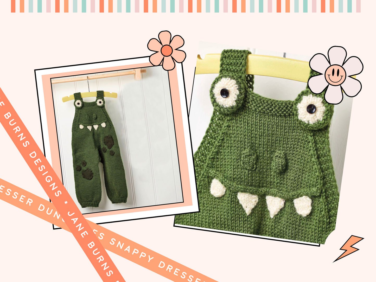 crocodile romper knitting pattern with applique eyes, teeth and patches dk knit
