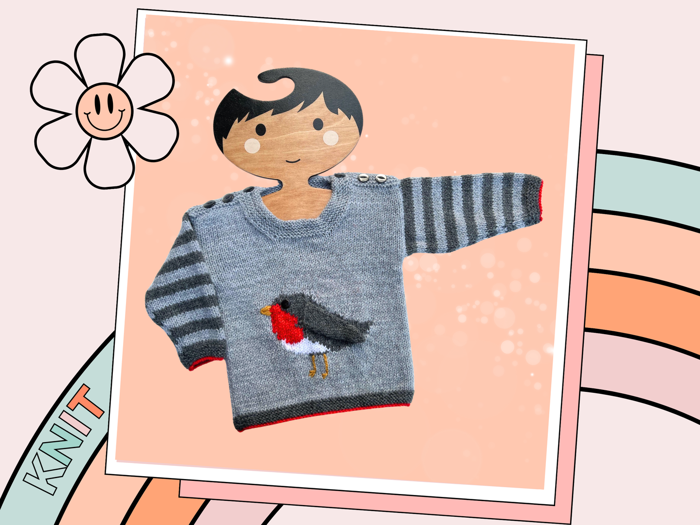 Rocking robin baby sweater knitting pattern, grey striped sleeves, with an intarsia robin on the front, the wing and hat are knitted and sewn on. The Hat can be removed after Christmas. DK yarn, designed by Jane Burns