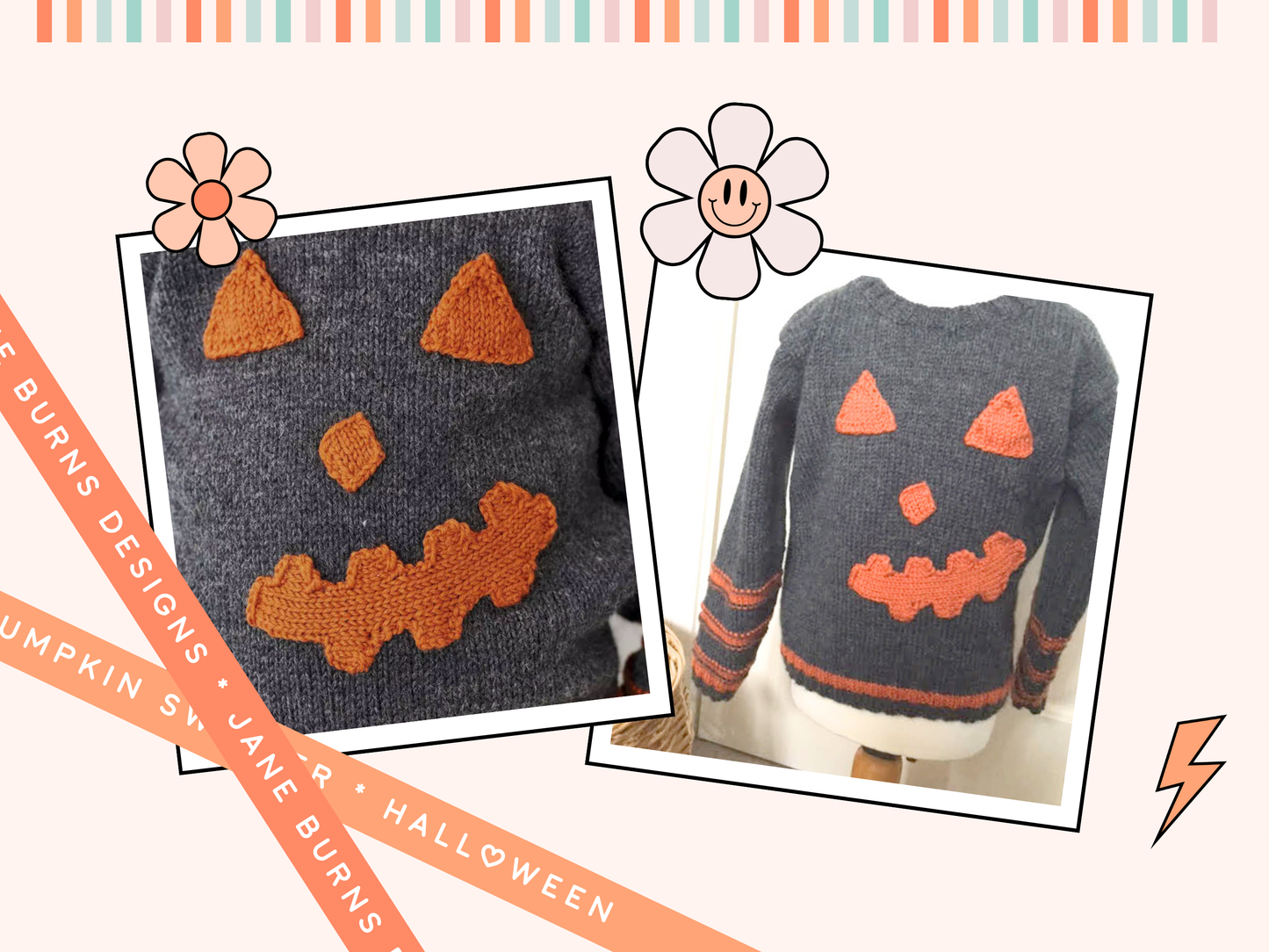knitting pattern for kids jumper, childs halloween sweater with pumpkin eyes, nose and mouth on the front. Easy kids jumper knitting pattern by jane burns