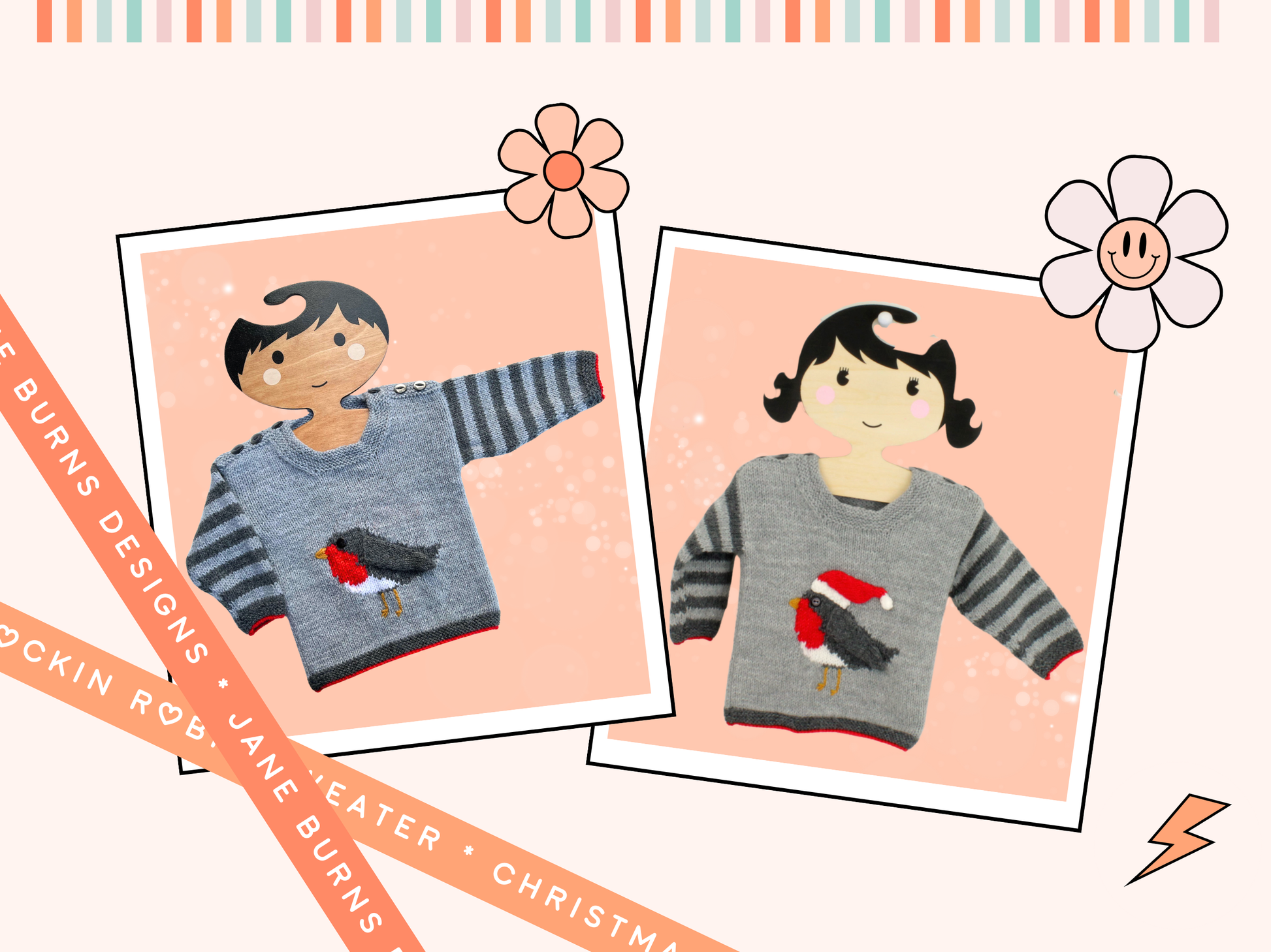 Rocking robin baby sweater knitting pattern, grey striped sleeves, with an intarsia robin on the front, the wing and hat are knitted and sewn on. The Hat can be removed after Christmas. DK yarn, designed by Jane Burns