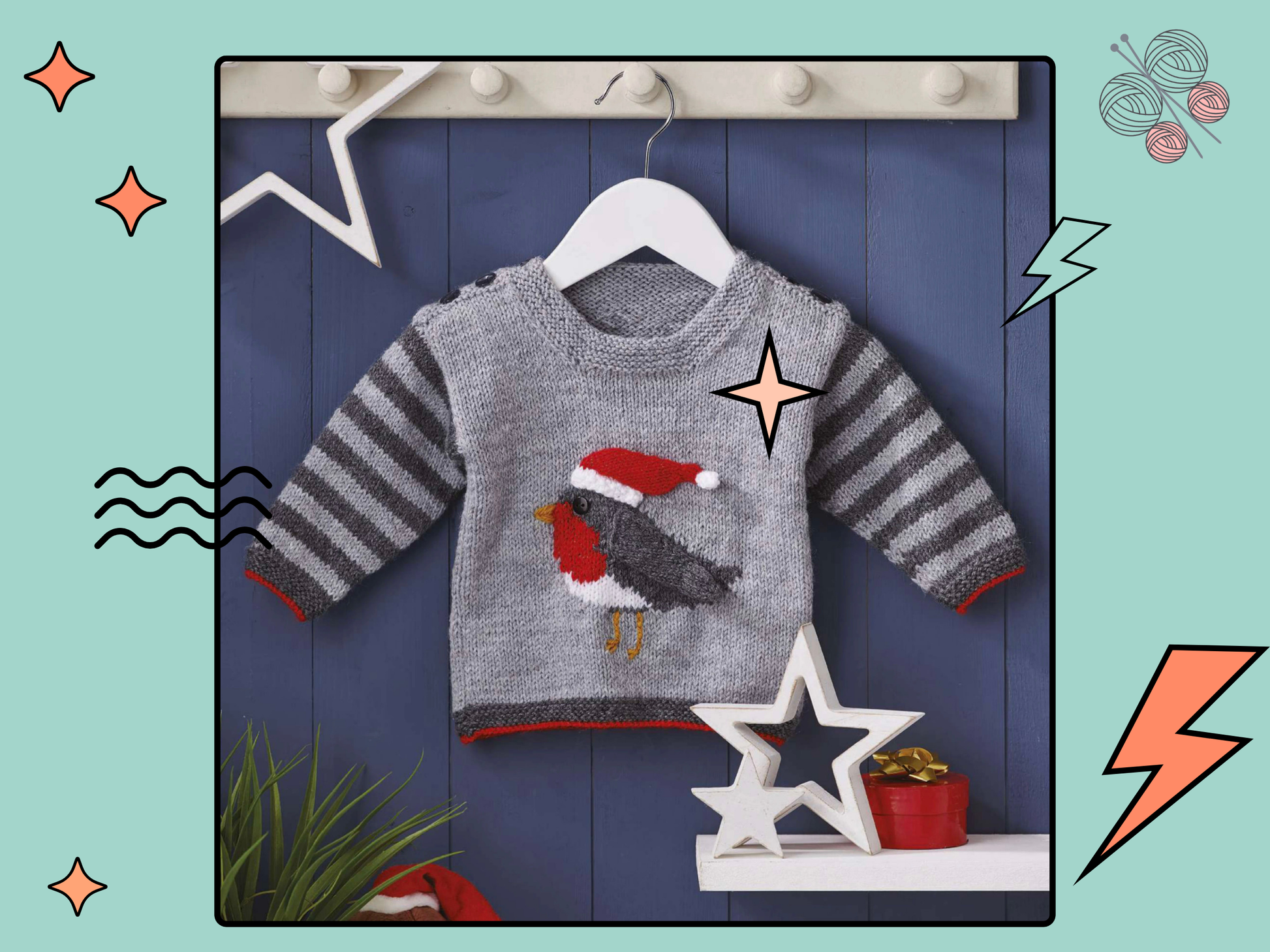 Rocking robin baby sweater knitting pattern, grey striped sleeves, with an intarsia robin on the front, the wing and hat are knitted and sewn on. The Hat can be removed after Christmas. DK yarn, designed by Jane Burns