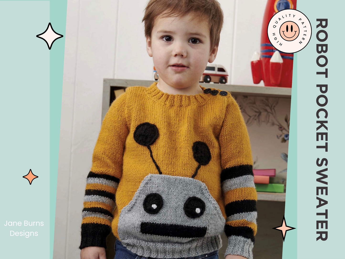 Simple hooded baby cardigan with large frog eyes on the hood. Easy construction, green hoodie knitting pattern jane burns