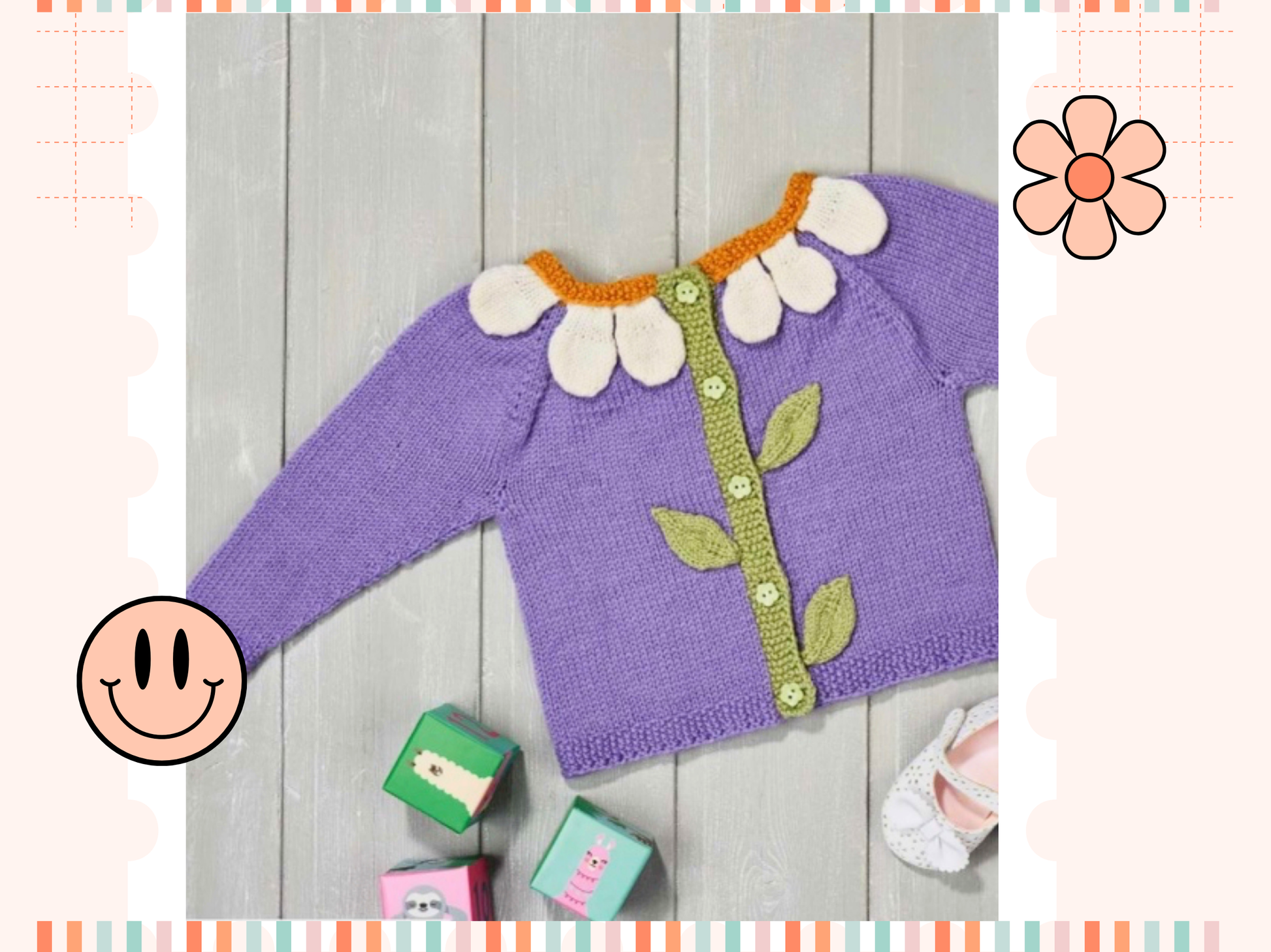 Blooming petals cardigan is a floral style baby cardigan. knitted applique leaves and petals adorn the front of the cardigan. Seamless construction from the top down, making this a simple and quick baby cardigan. knitting pattern jane burns