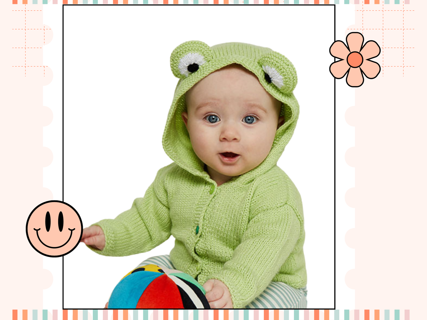 Simple hooded baby cardigan with large frog eyes on the hood. Easy construction, green hoodie knitting pattern jane burns