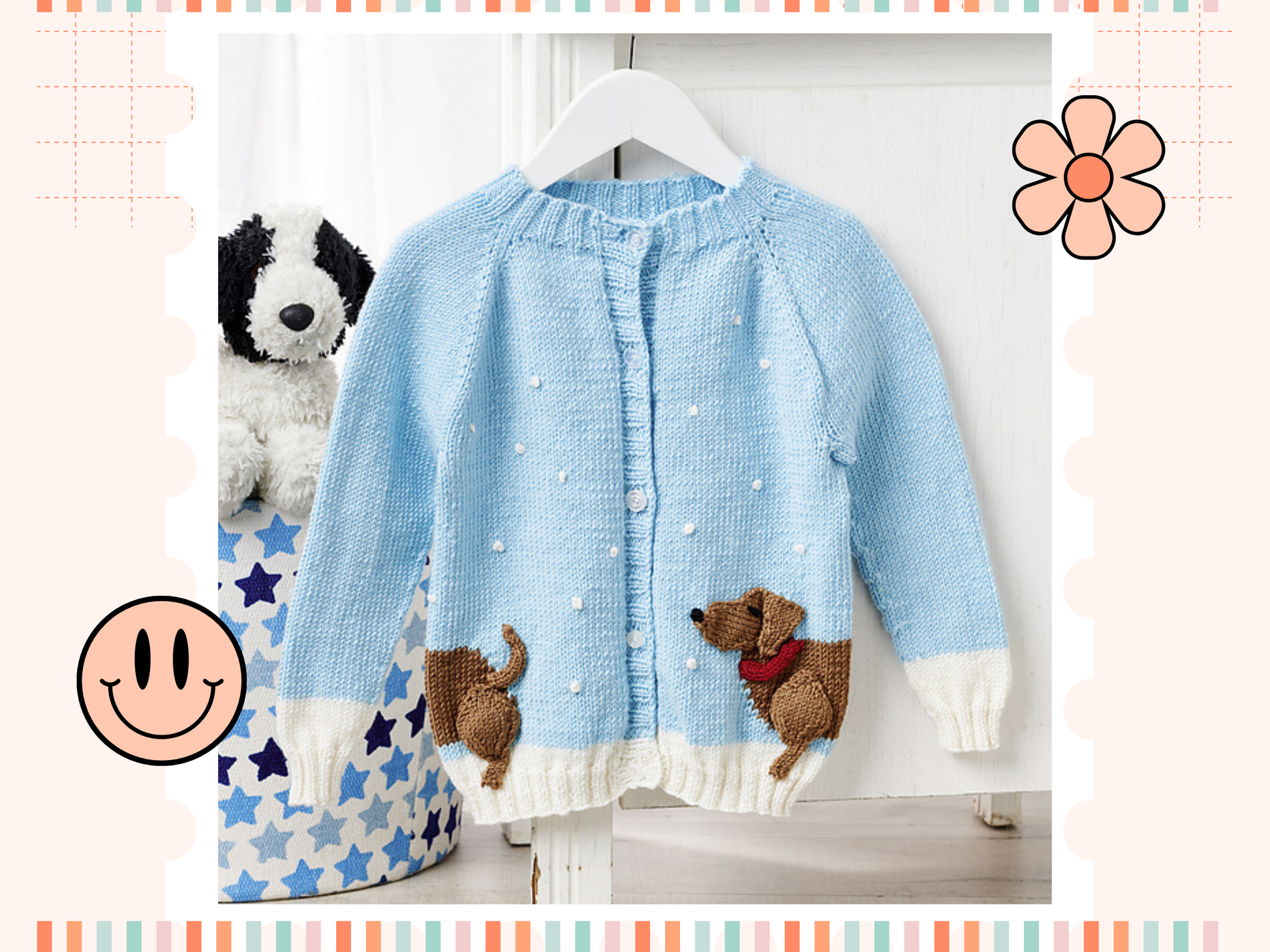 Dachshund in the snow, a kids cardigan knitting pattern with a wrap around intarsia sausage dog with knitted applique elements to bring it to life. Seamless top down cardigan knitting pattern for children by jane burns