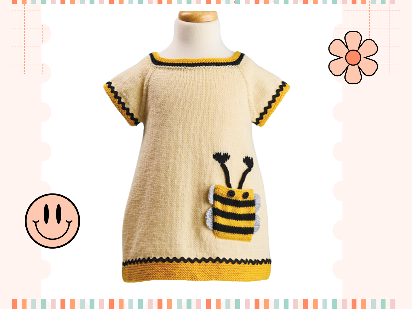 Bumble Bee knitted dress pattern, knitted dress knitting pattern, seamless top down construction with bumble pocket and trim jane burns designs