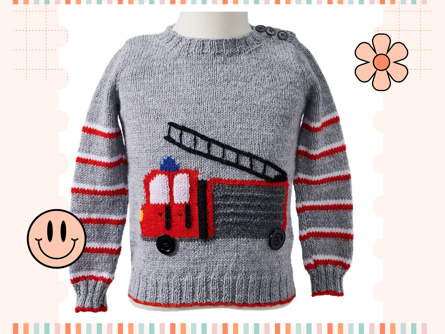 fire engine kids sweater knitting pattern, kids sweater knitting pattern, grey with red and white stripes, a large intarsia fire engine with button details knitting pattern download jane burns