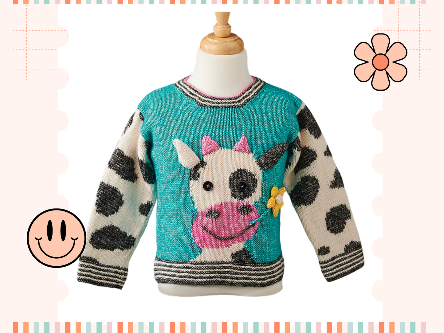 Charming kids jumper with a large cow motif, cow eating a flower. knit flower, horns and ears and sew them on. Cow print sleeve and simple garter edging. Knitting pattern by Jane Burns Daisy the Cow Sweater Knitting pattern
