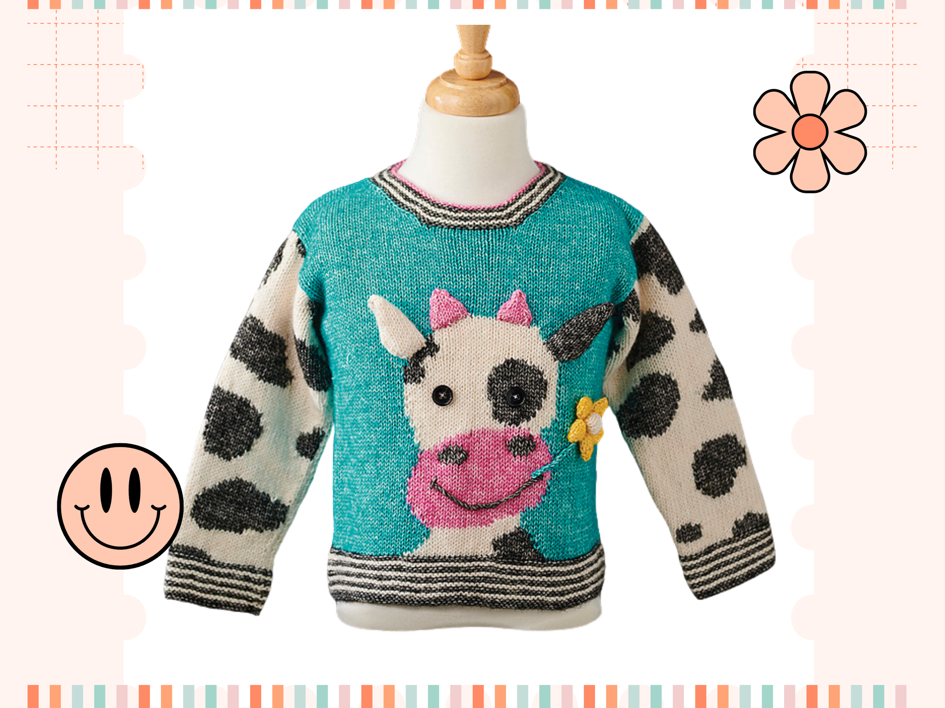 Charming kids jumper with a large cow motif, cow eating a flower. knit flower, horns and ears and sew them on. Cow print sleeve and simple garter edging. Knitting pattern by Jane Burns Daisy the Cow Sweater Knitting pattern