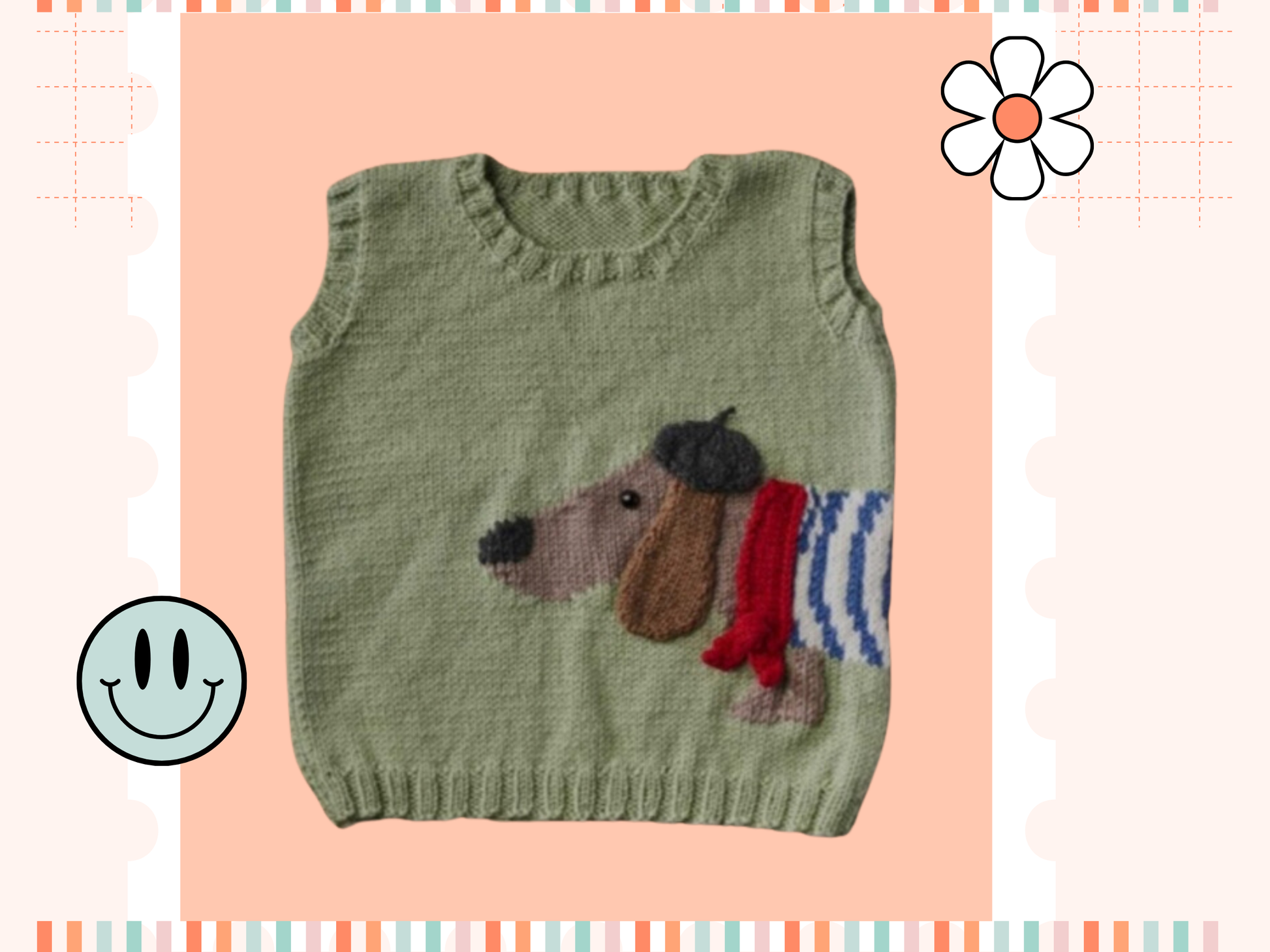light green knitted vest, jumper, sweater with a sausage dog, dachshund wearing a striped top, beret and scarf. The dog wraps around the body of the vest. knitting pattern by jane burns available download