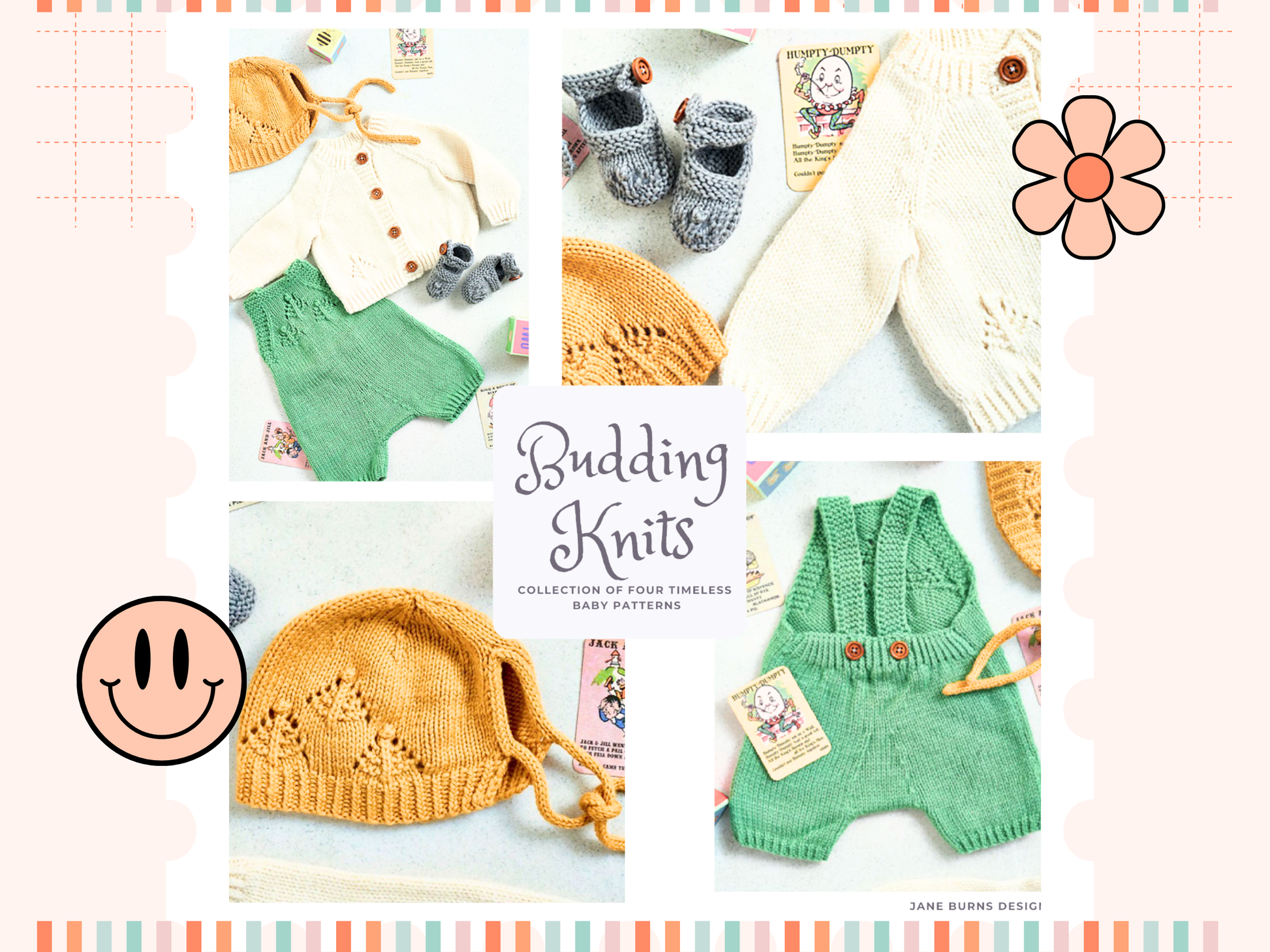 knitting pattern for modern baby layette, baby shower knitted gift for boys and girls, contemporary colours, romper, bonnet, baby cardigan and booties, jane burns