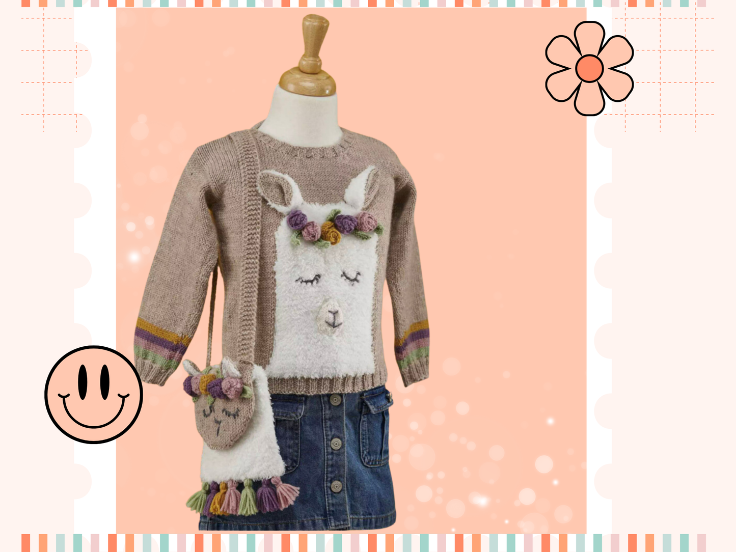 knitting pattern for a fluffy llama kids jumper. beige jumper with pastel stripes around cuff. fluffy llama head with applique ears and roses form this sleepy llama. Llama sweater knitting pattern by jane burns download