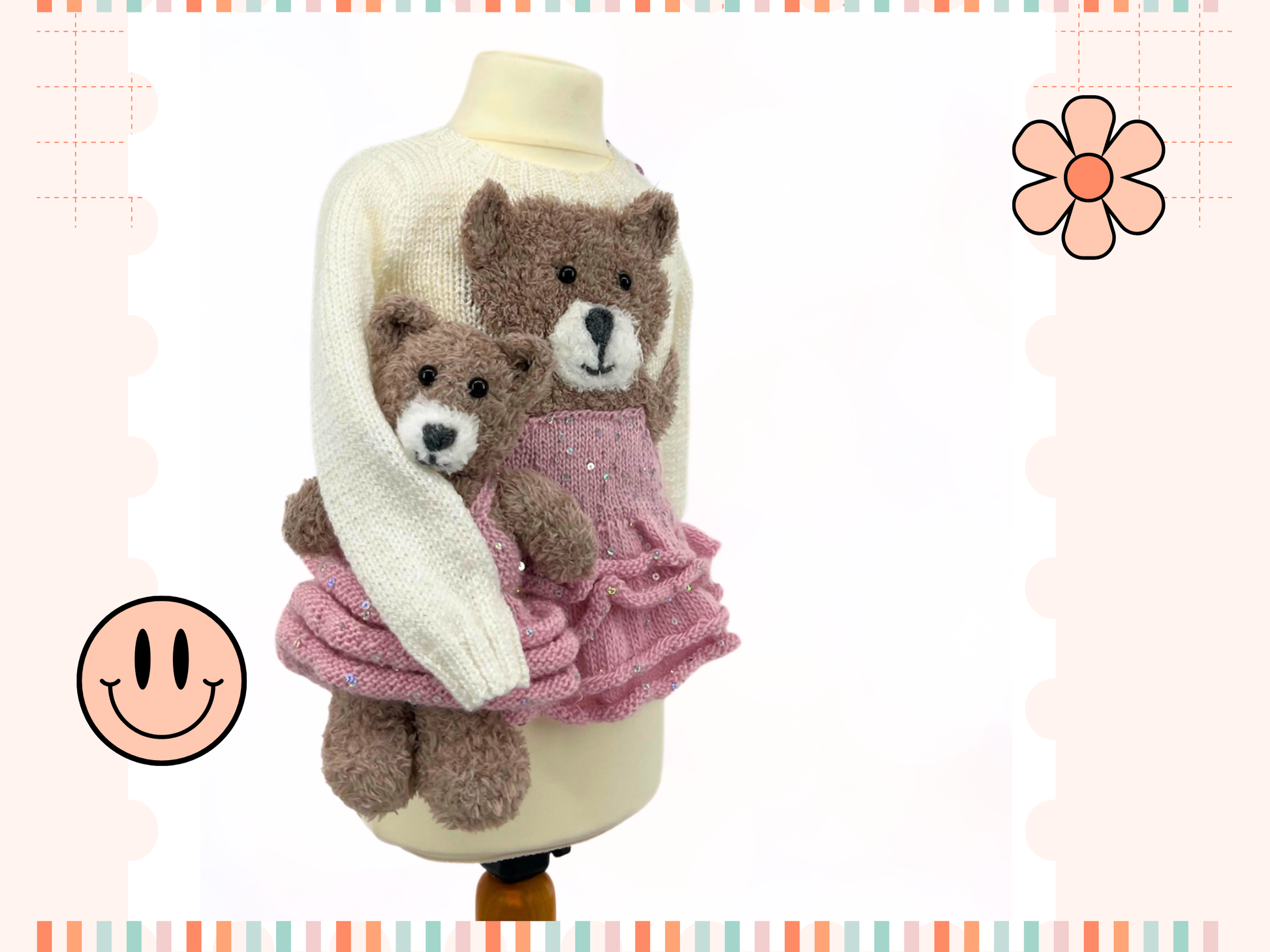 kids jumper with fluffy teddy bear wearing a sparkly tutu on the front of a kids sweater with ruffles. White sweater with beige fluffy bear wearing a pink sequin tutu. matching fluffy teddy toy also wearing a tutu. knitting pattern jane burns