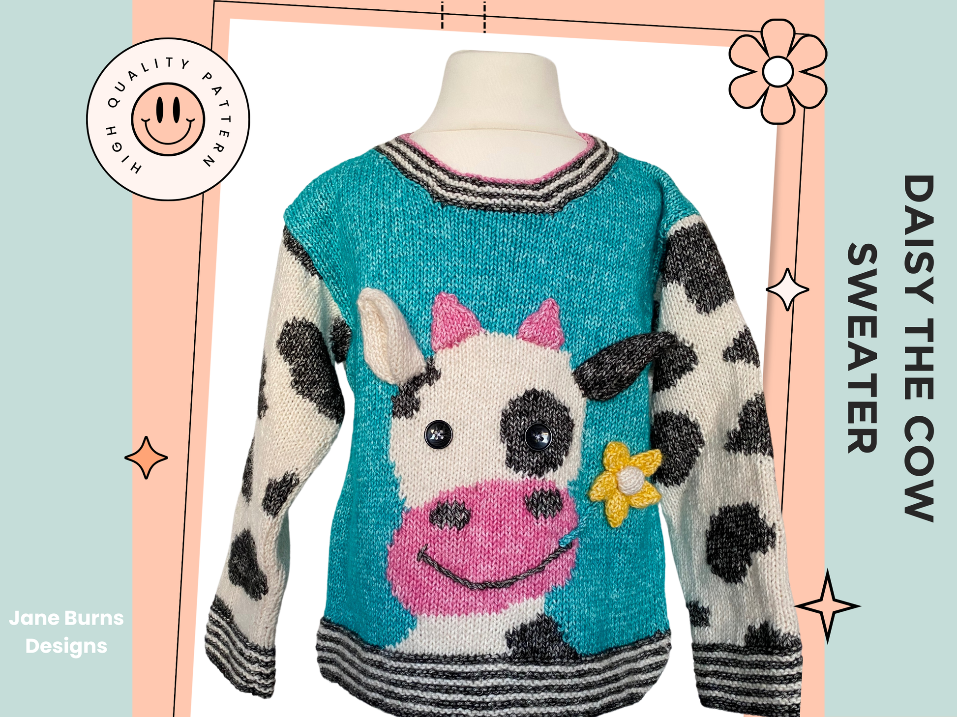 Charming kids jumper with a large cow motif, cow eating a flower. knit flower, horns and ears and sew them on. Cow print sleeve and simple garter edging. Knitting pattern by Jane Burns Daisy the Cow Sweater Knitting pattern