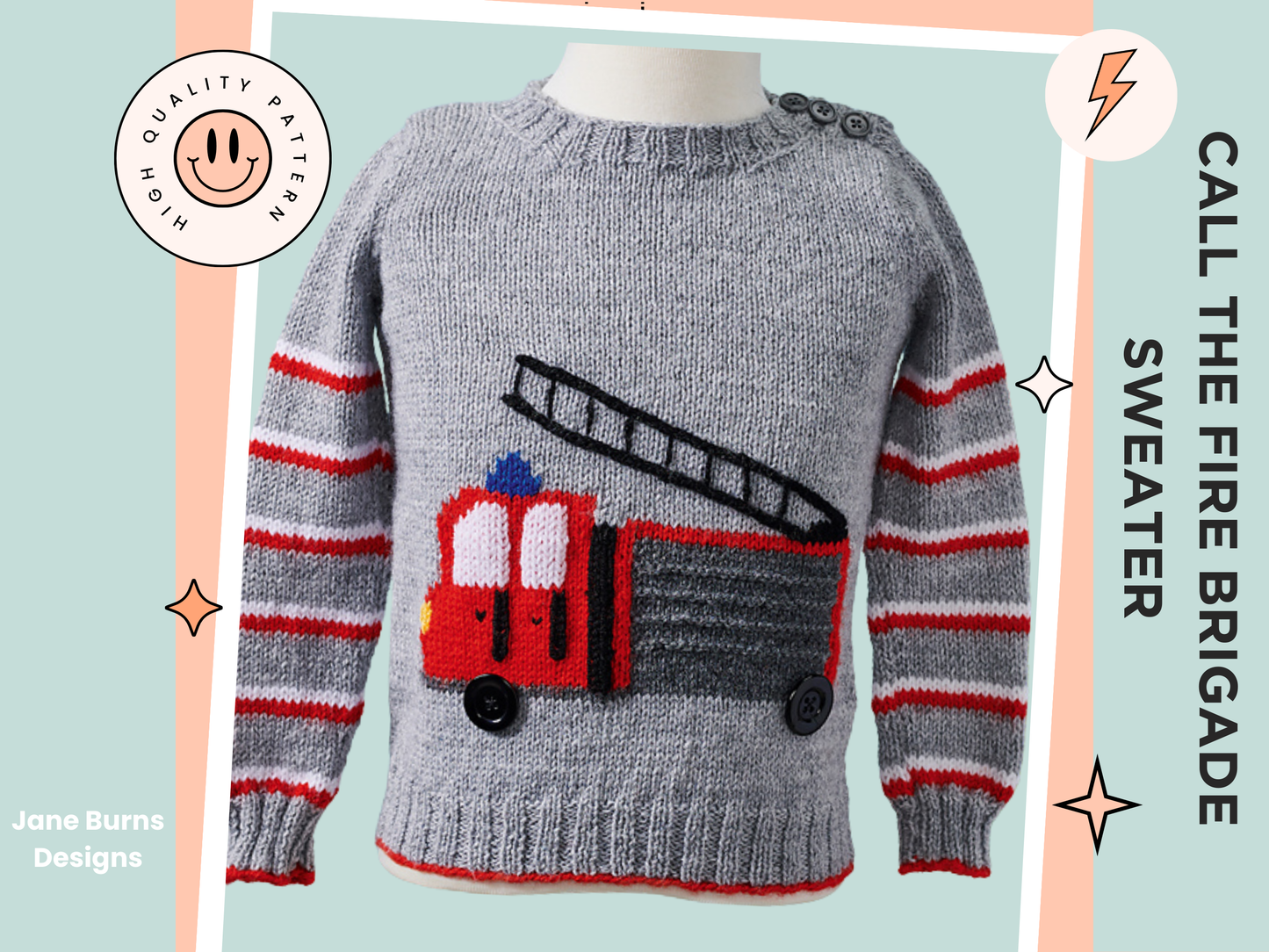 fire engine kids sweater knitting pattern, kids sweater knitting pattern, grey with red and white stripes, a large intarsia fire engine with button details knitting pattern download jane burns