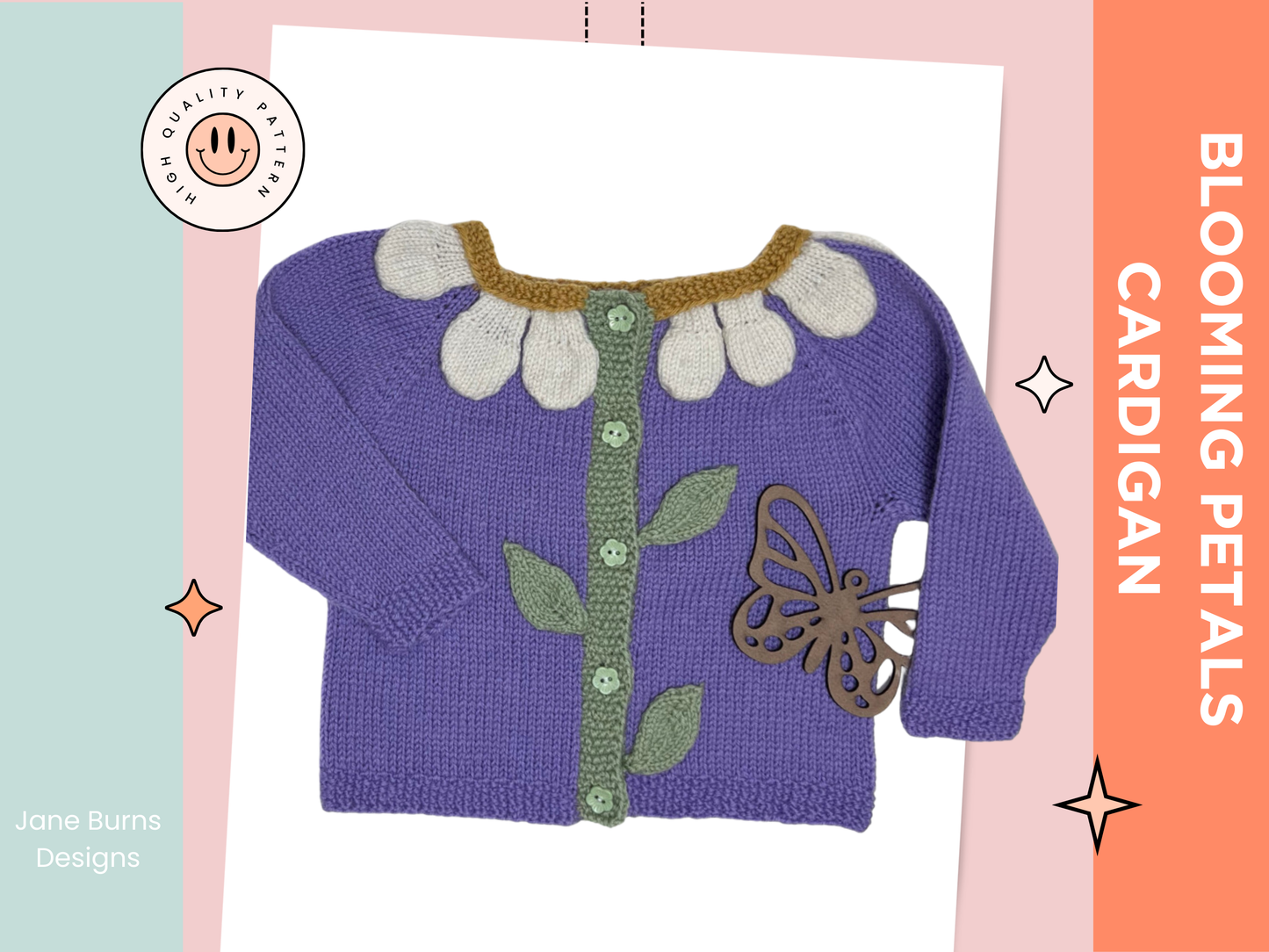 Blooming petals cardigan is a floral style baby cardigan. knitted applique leaves and petals adorn the front of the cardigan. Seamless construction from the top down, making this a simple and quick baby cardigan. knitting pattern jane burns