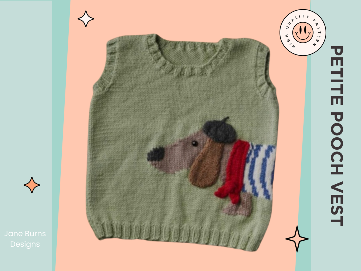 light green knitted vest, jumper, sweater with a sausage dog, dachshund wearing a striped top, beret and scarf. The dog wraps around the body of the vest. knitting pattern by jane burns available download