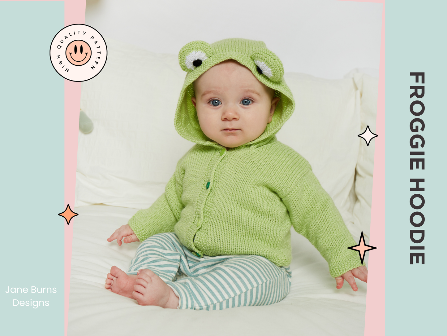 Simple hooded baby cardigan with large frog eyes on the hood. Easy construction, green hoodie knitting pattern jane burns